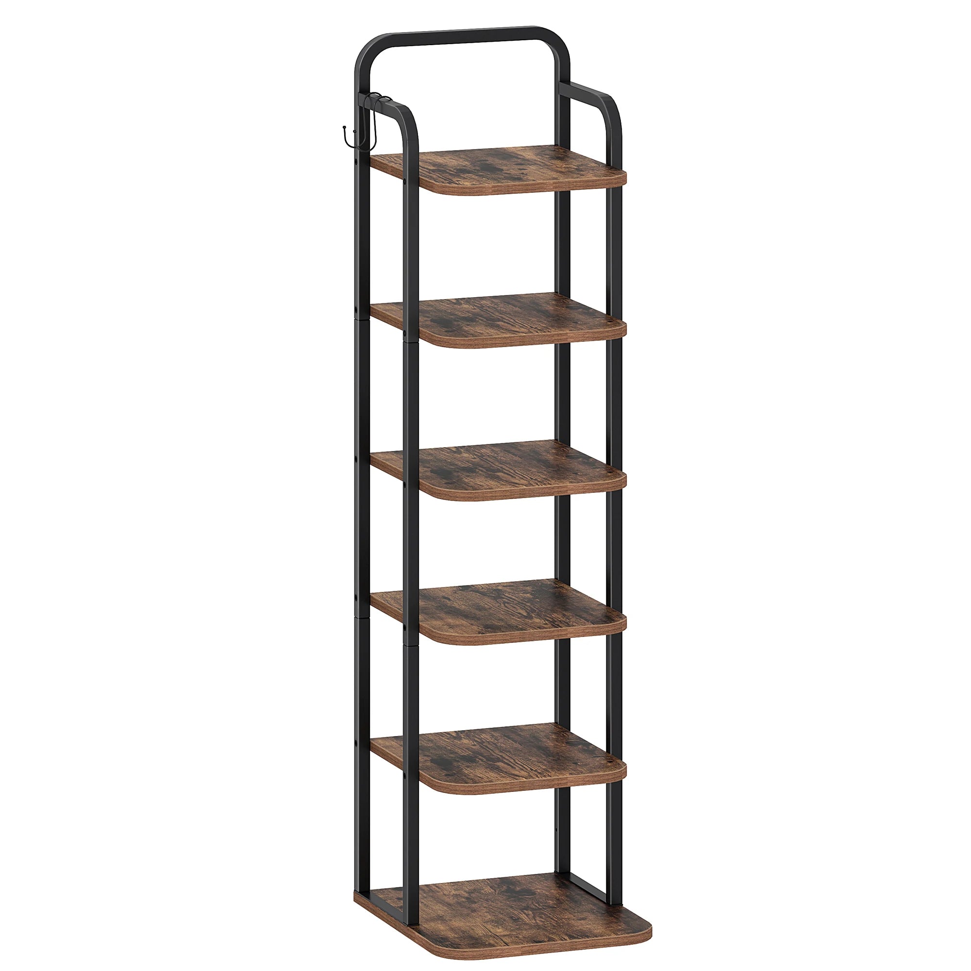 Smalle Schoenenrek 6 Laags – Verticale Schoenenkast voor Kleine Ruimtes – Houten Schoenen Organizer met Haken – Industrieel Design