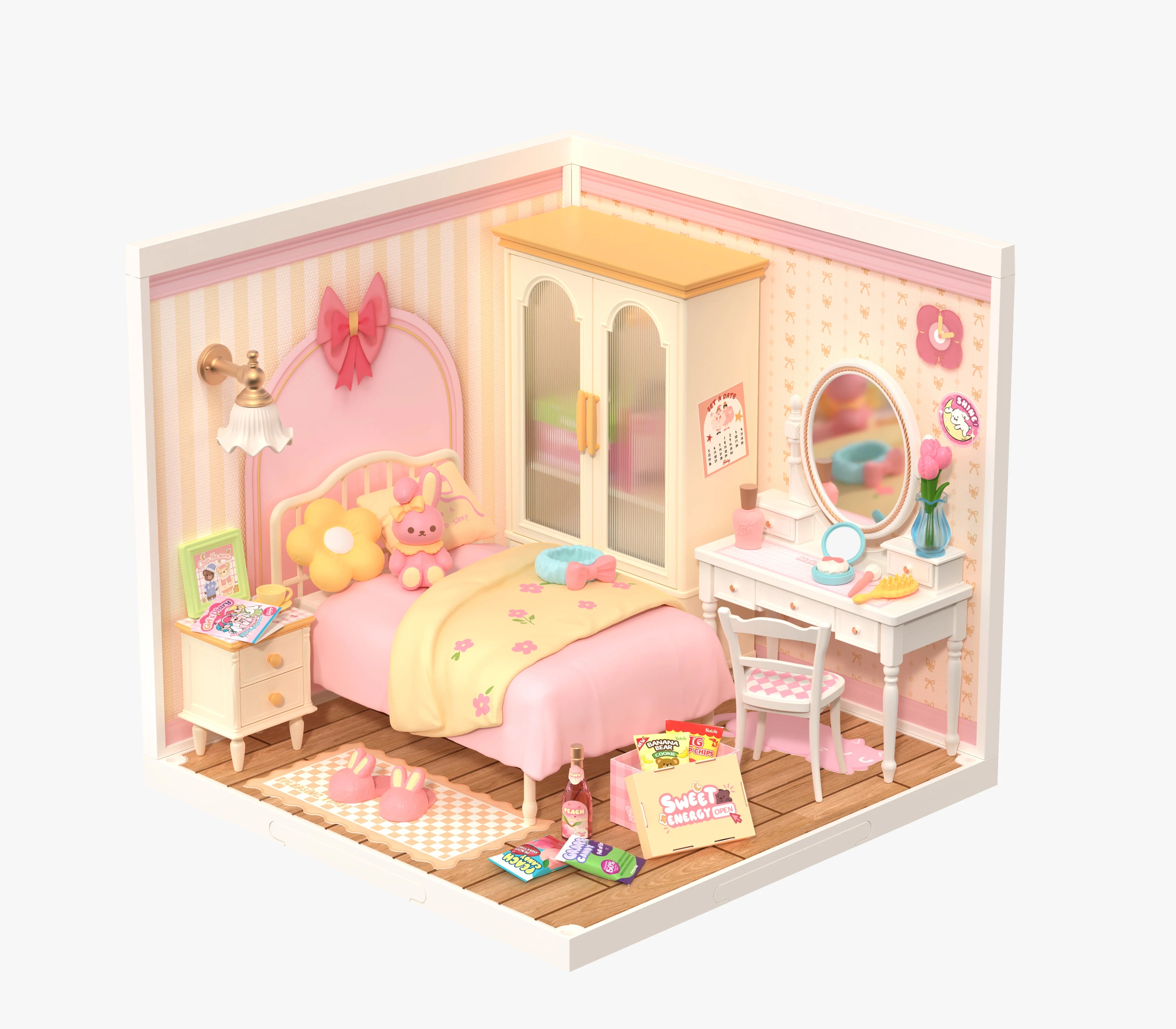 3D Puzzel Miniatuur Roze Slaapkamer – DIY Bouwset voor Creatieve Hobbyisten en Poppenhuisfans