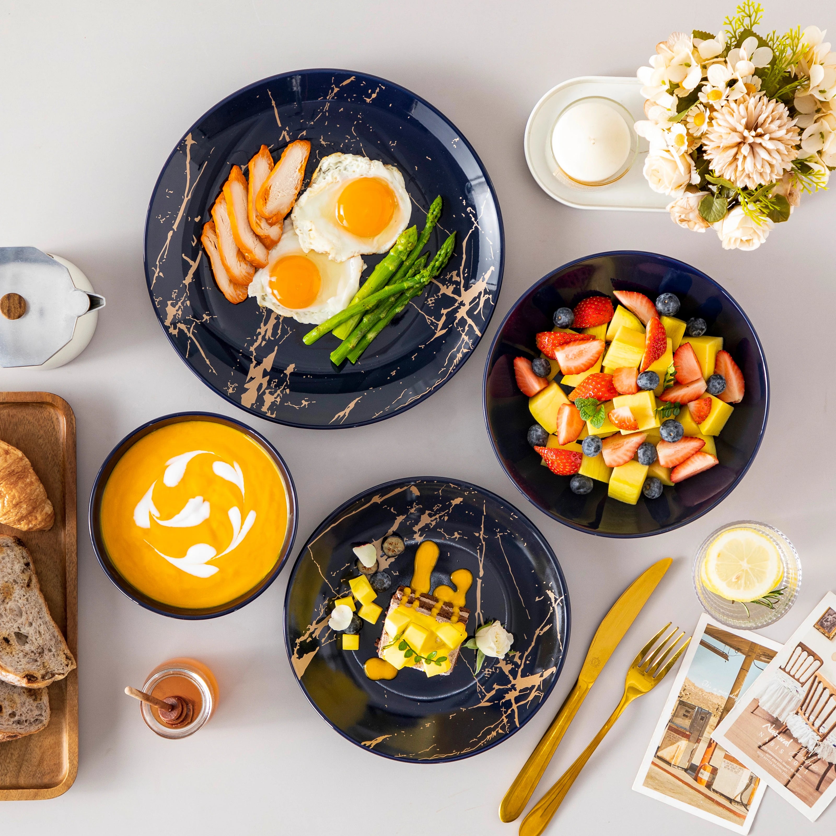 24-delige Goud Serviesset Porselein – Luxe Servies Set voor 6 Personen met Gouden Design Borden en Kommen