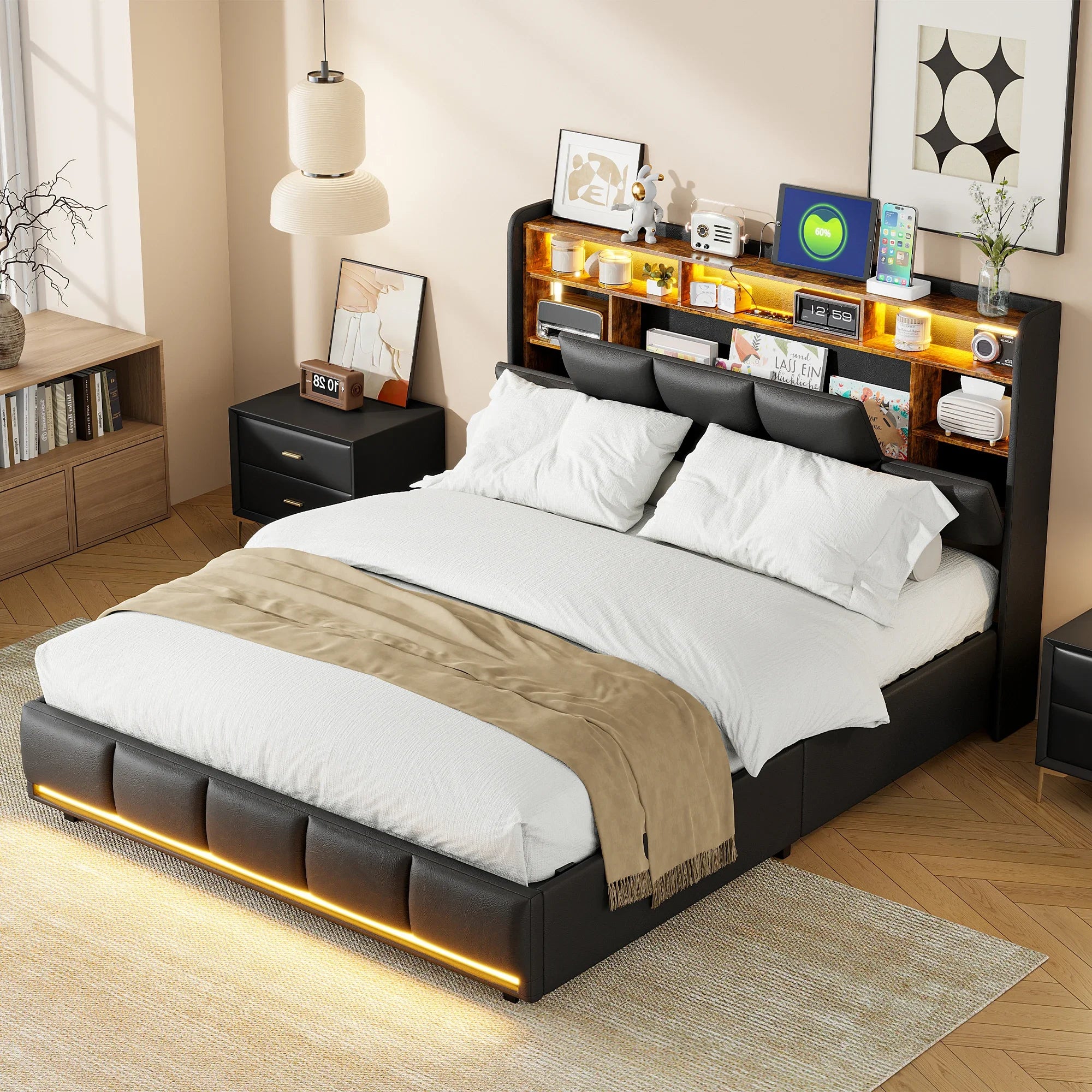 Gestoffeerd Tweepersoonsbed 140x200 cm met LED‑verlichting, USB‑Oplaadpoort en Hydraulische Opbergruimte