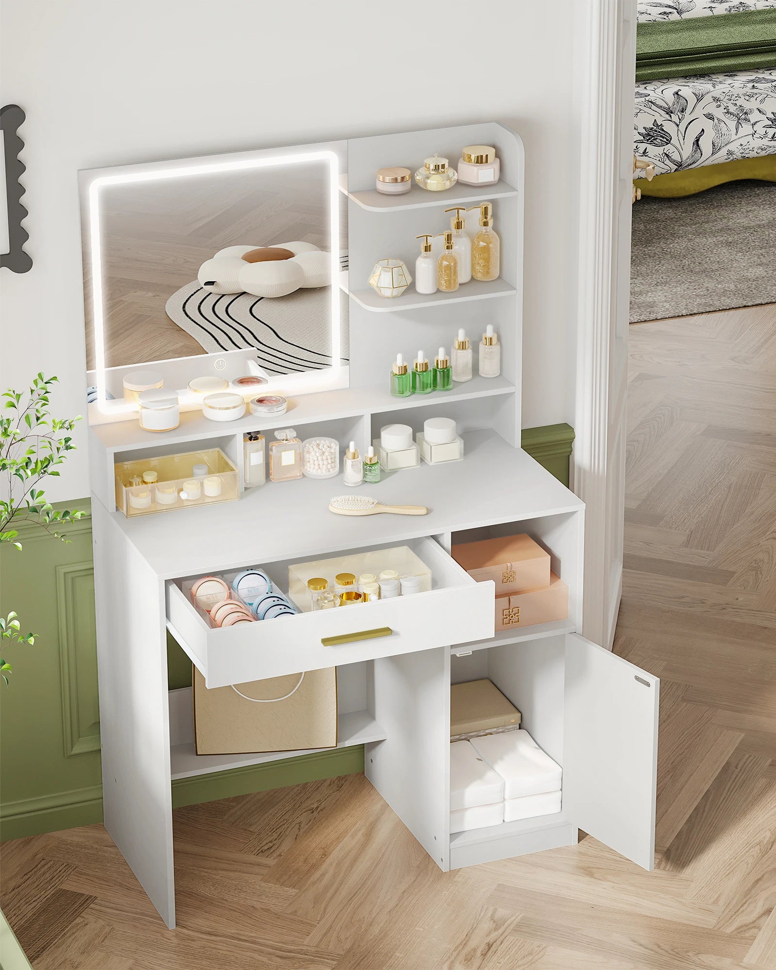 Kaptafel met Spiegel en LED Verlichting – Moderne Make-up Tafel met Lades, Opbergruimte en Kast – Witte Dressing Table met Verstelbaar Licht
