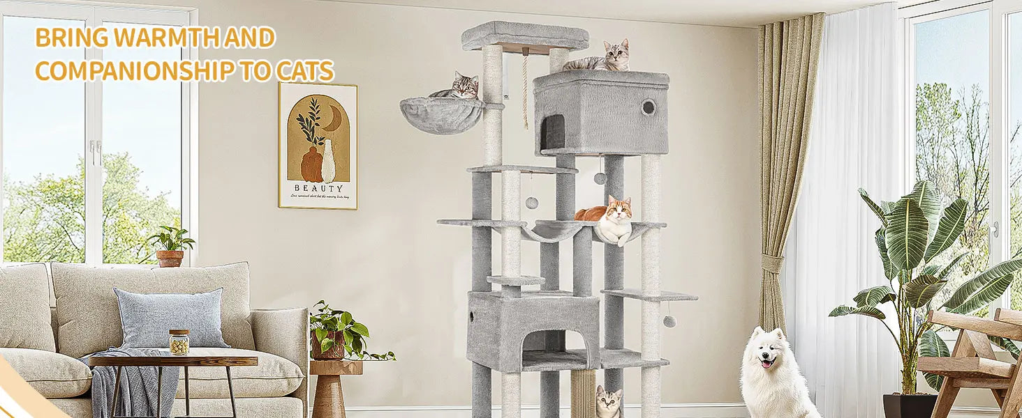 Grote Krabpaal voor Katten XXL – 200 cm Kattenboom met 10 Sisalpalen, 2 Huisjes, Hangmatten & Platform – Voor Grote Katten