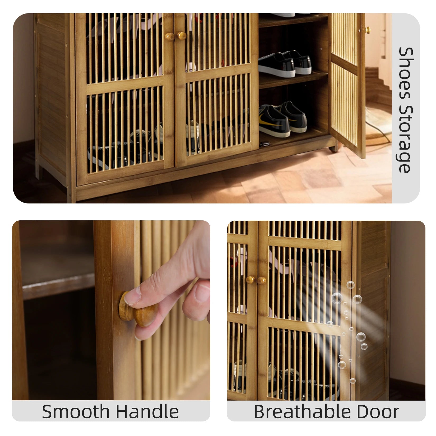 Bamboe Schoenenkast 4 Lagen met Open Deuren – Houten Schoenenrek met Ventilatie en Opbergruimte