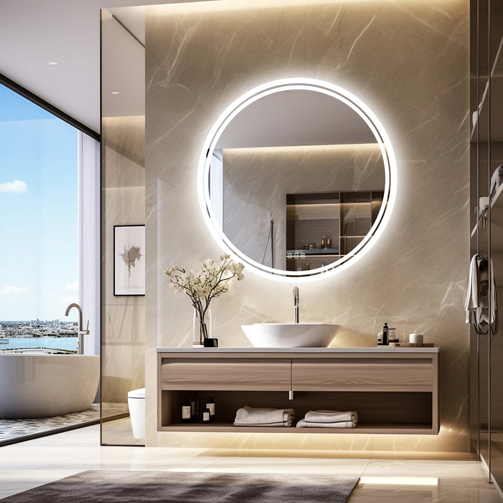 LED Badkamerspiegel Rond – Dimbaar met Anti-Condens, 3 Lichtkleuren & Touch Sensor IP65 Waterdicht