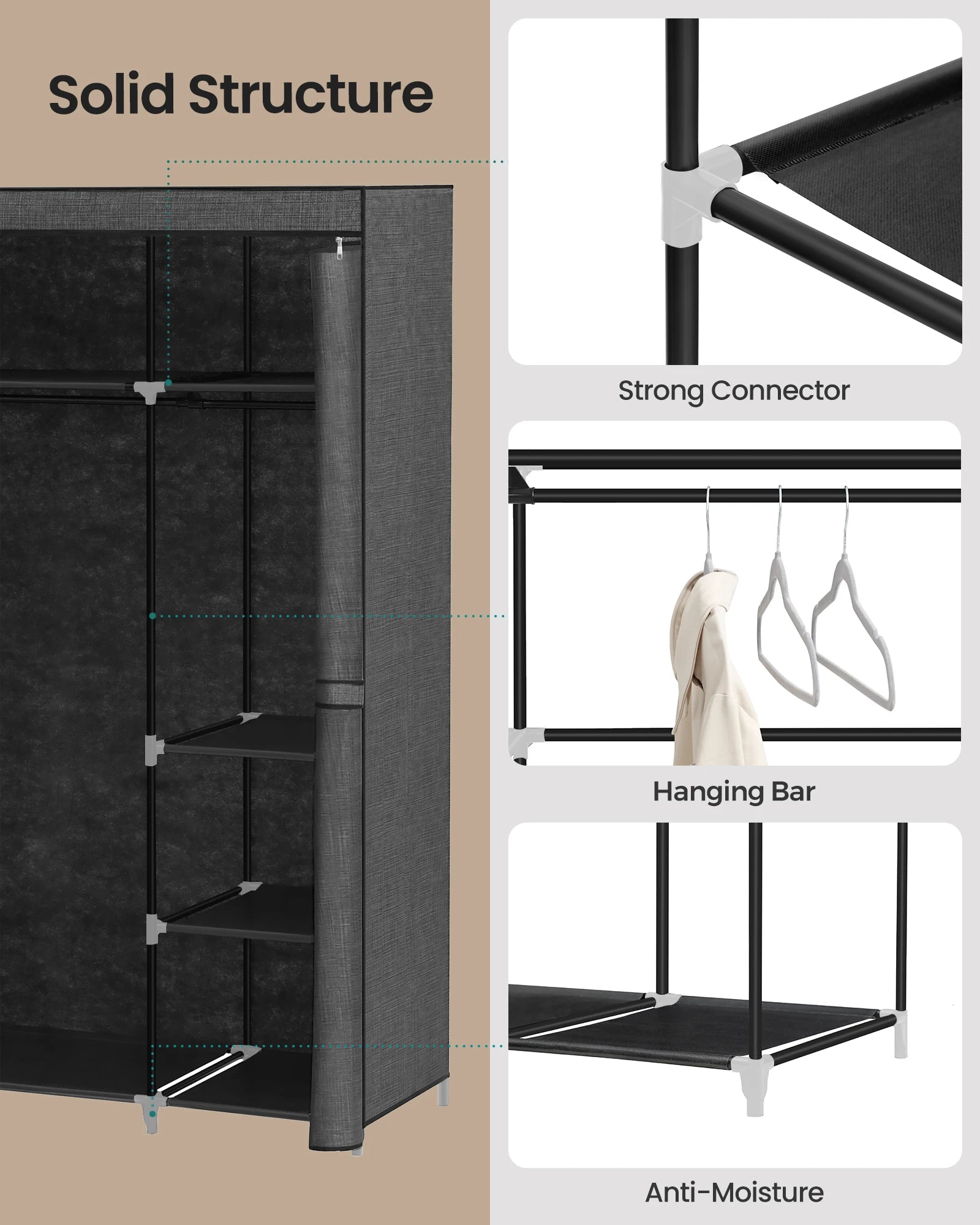 Opvouwbare Kledingkast met Stof – 162x43x175 cm – Draagbare Garderobekast met 3 Hangroedes en 9 Opbergvakken – Zwarte Stoffen Kast voor Slaapkamer