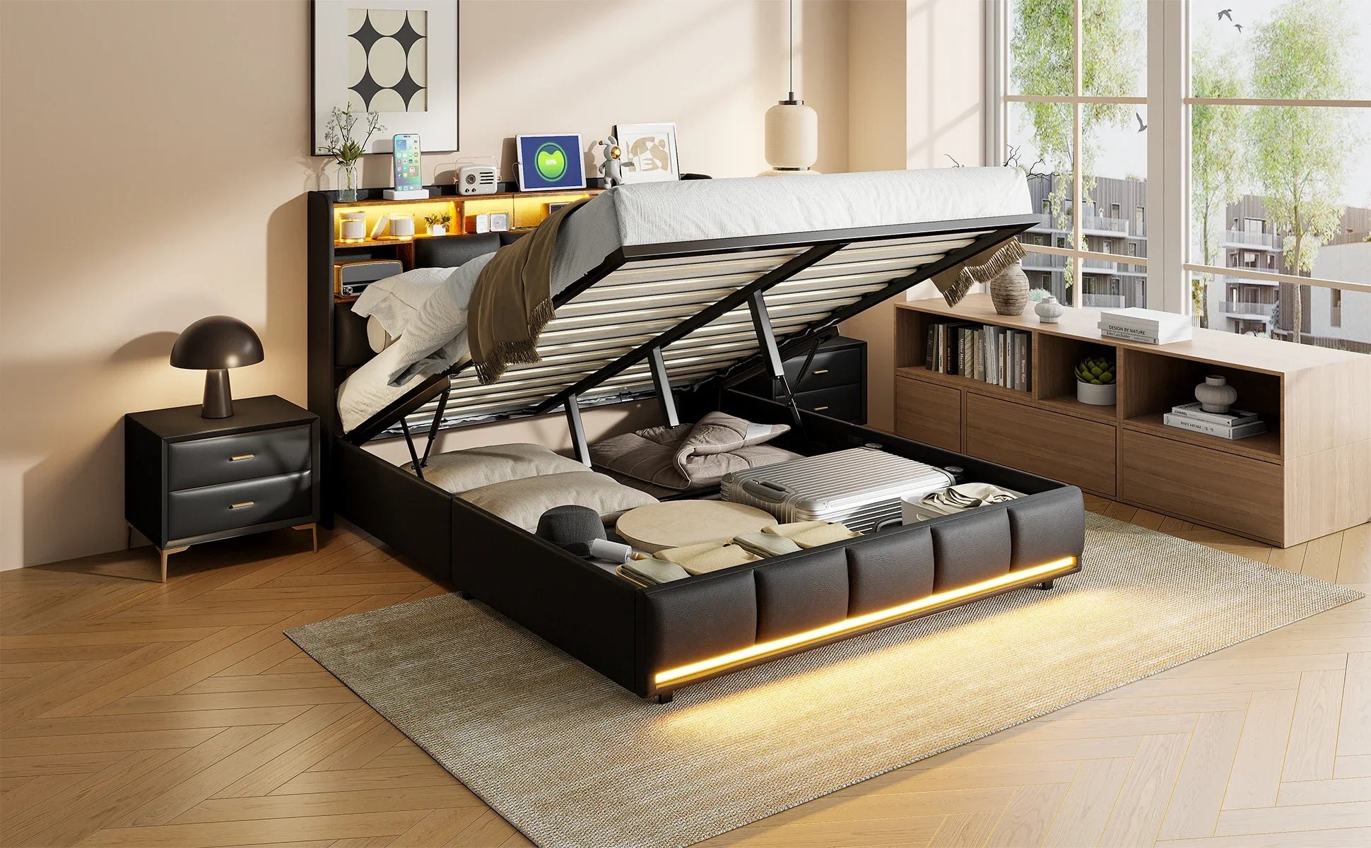 Gestoffeerd Tweepersoonsbed 140x200 cm met LED‑verlichting, USB‑Oplaadpoort en Hydraulische Opbergruimte