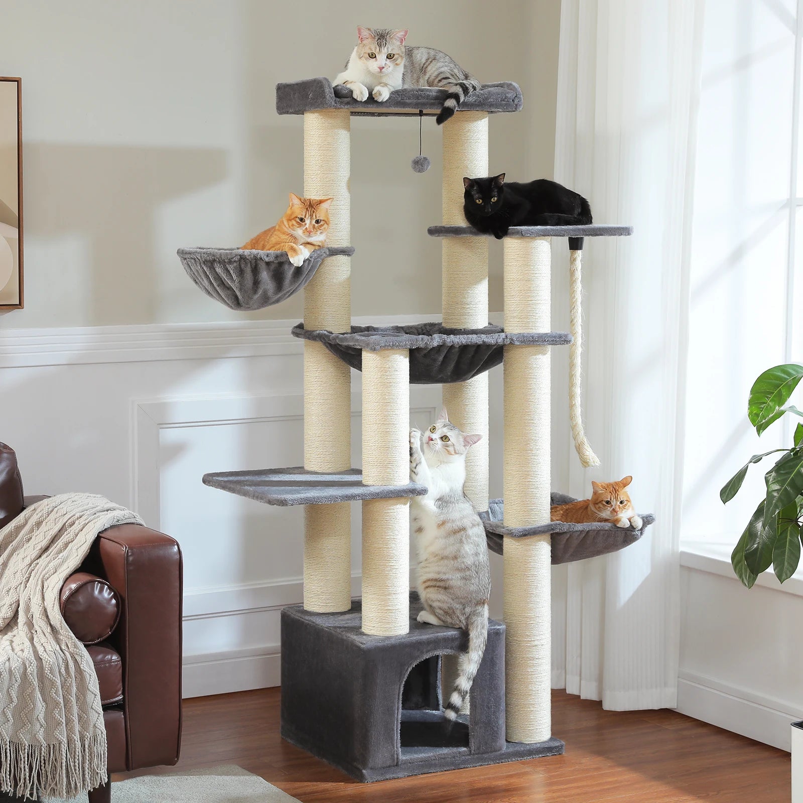 Grote Kattenboom voor Grote Katten – Robuuste Krabpaal met 11 Sisal Palen, Hangmatten en Kattenhuis