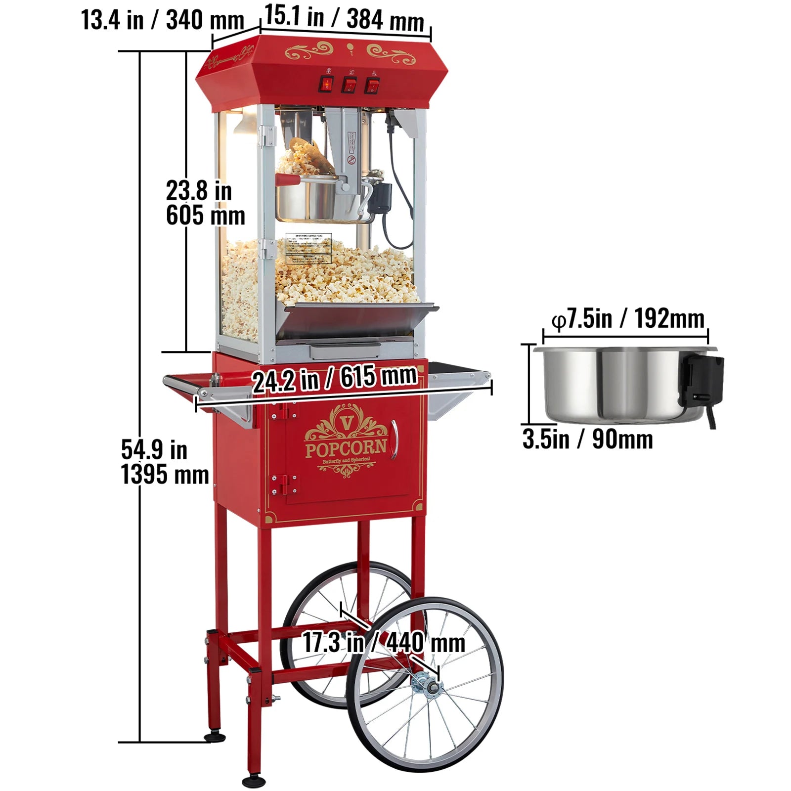 Professionele Popcornmaker met Kar – 8oz Ketel, 4 Schepjes – Commerciële Popcornmachine voor Evenementen en Kermissen