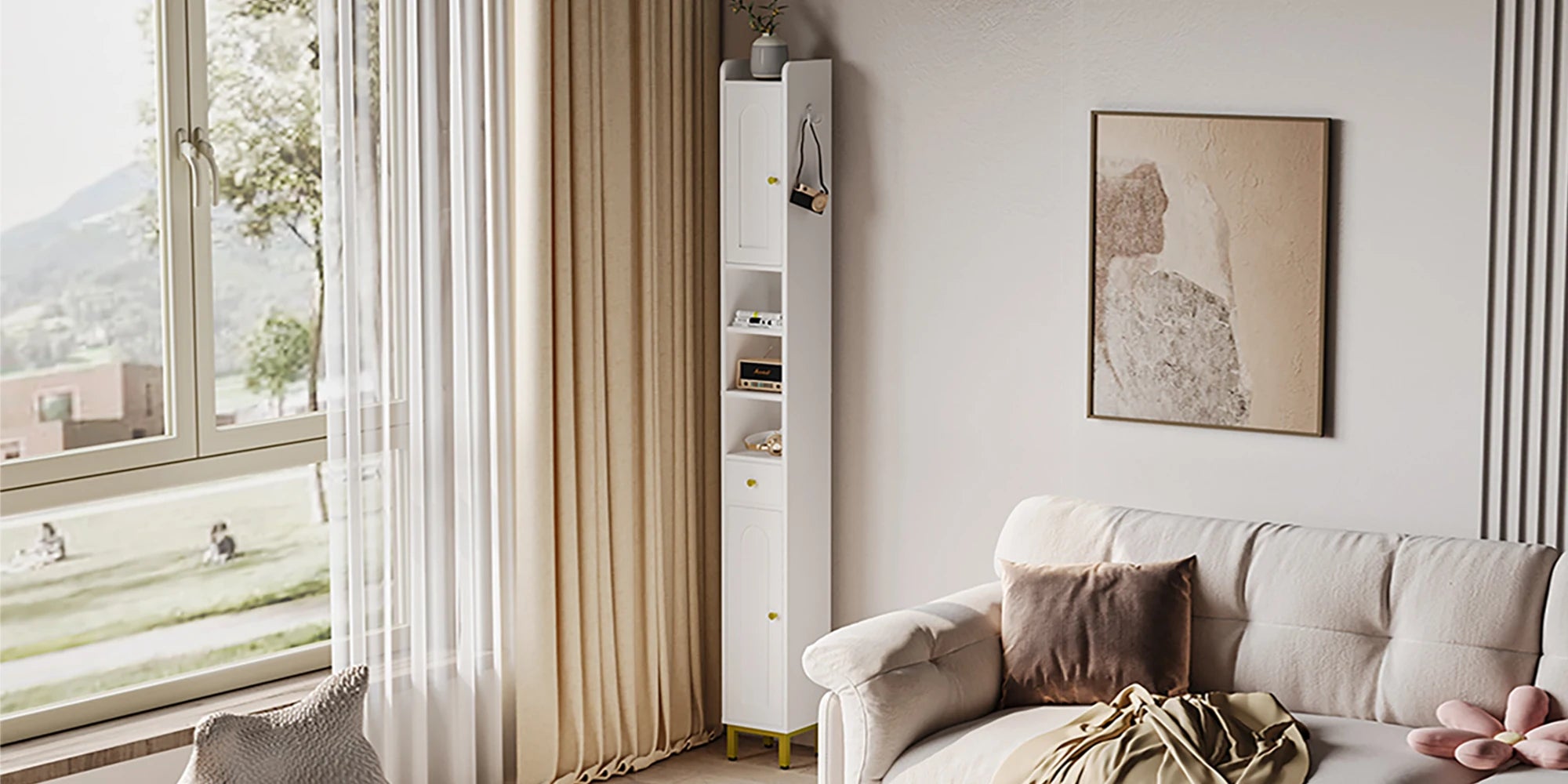 Smalle Badkamerkast met Deuren en Lade – Hoge Opbergkast voor Toilet en Badkamer – Wit Houten Design 180 cm