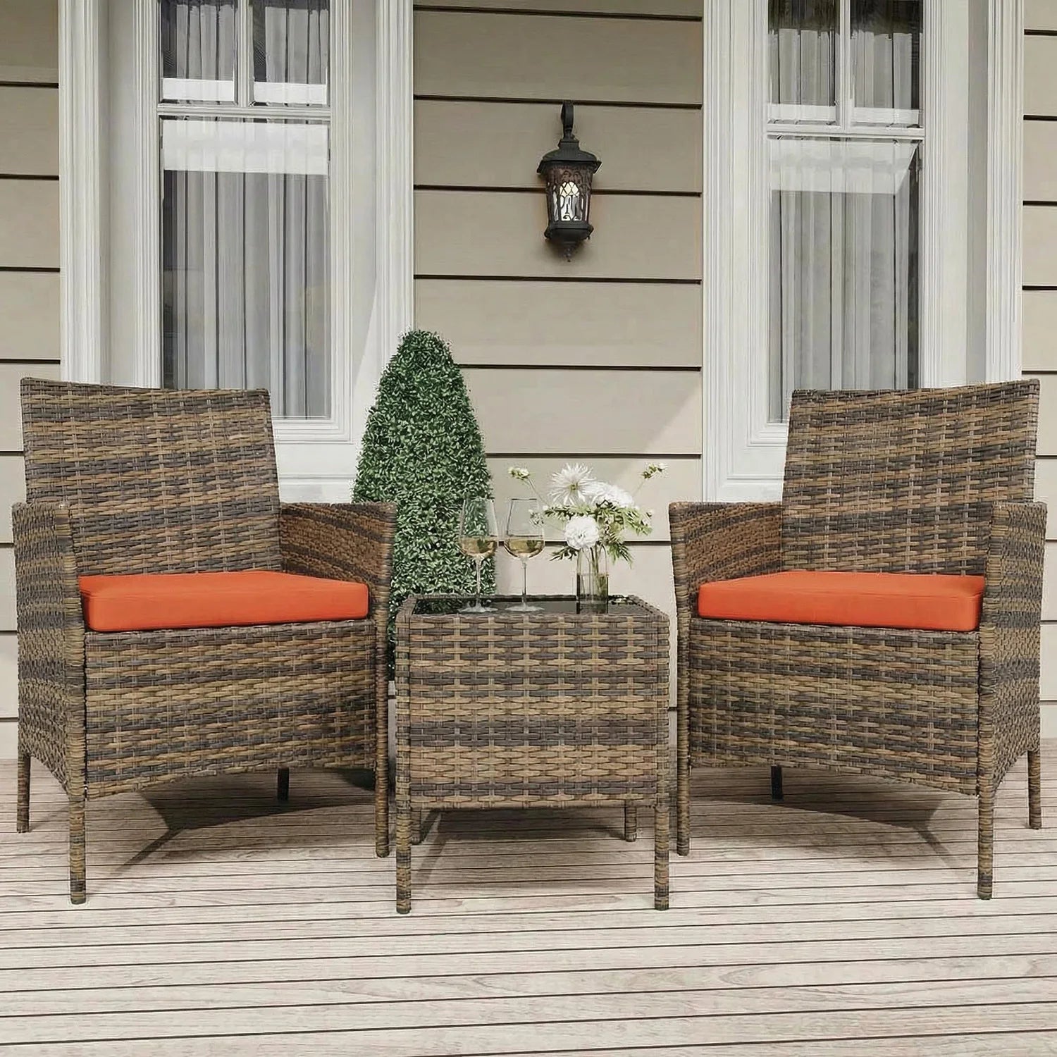 3-Delige Rotan Bistroset met Kussens – 2 Tuinstoelen & Glazen Salontafel – Tuinset voor Tuin, Terras & Veranda