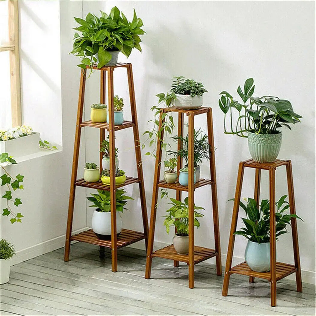 Bamboe Plantenhouder Hoog – Gelaagd Plantenrek Binnen & Buiten – Houten Bloemenrek voor Balkon, Woonkamer & Tuin