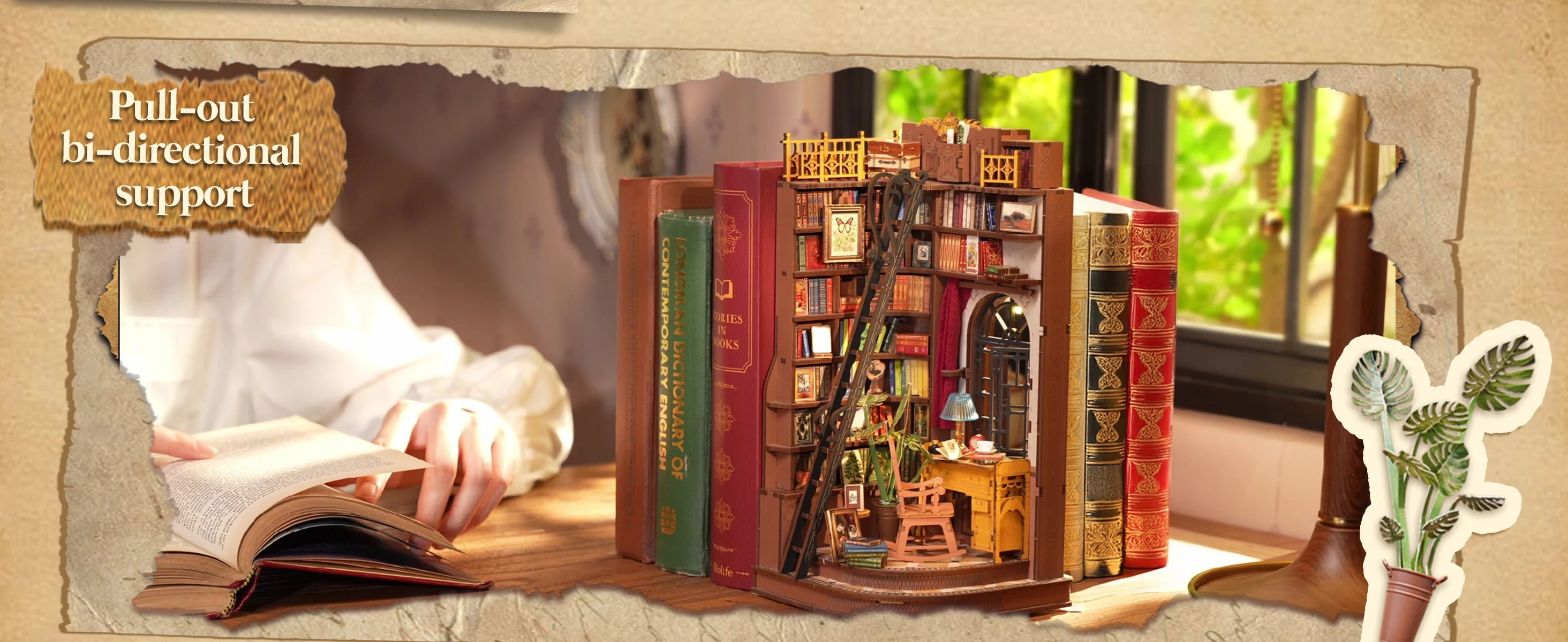 DIY Book Nook Miniatuur Bibliotheek met LED Verlichting – Britse Stijl Boekensteun Bouwpakket – Decoratieve Boekenplank Insert voor Boekenkast