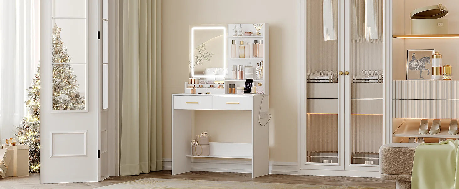 Kaptafel met LED Verlichting en Spiegel – Stopcontact & USB – 2 Lades en Opbergruimte – Moderne Witte Make-up Tafel