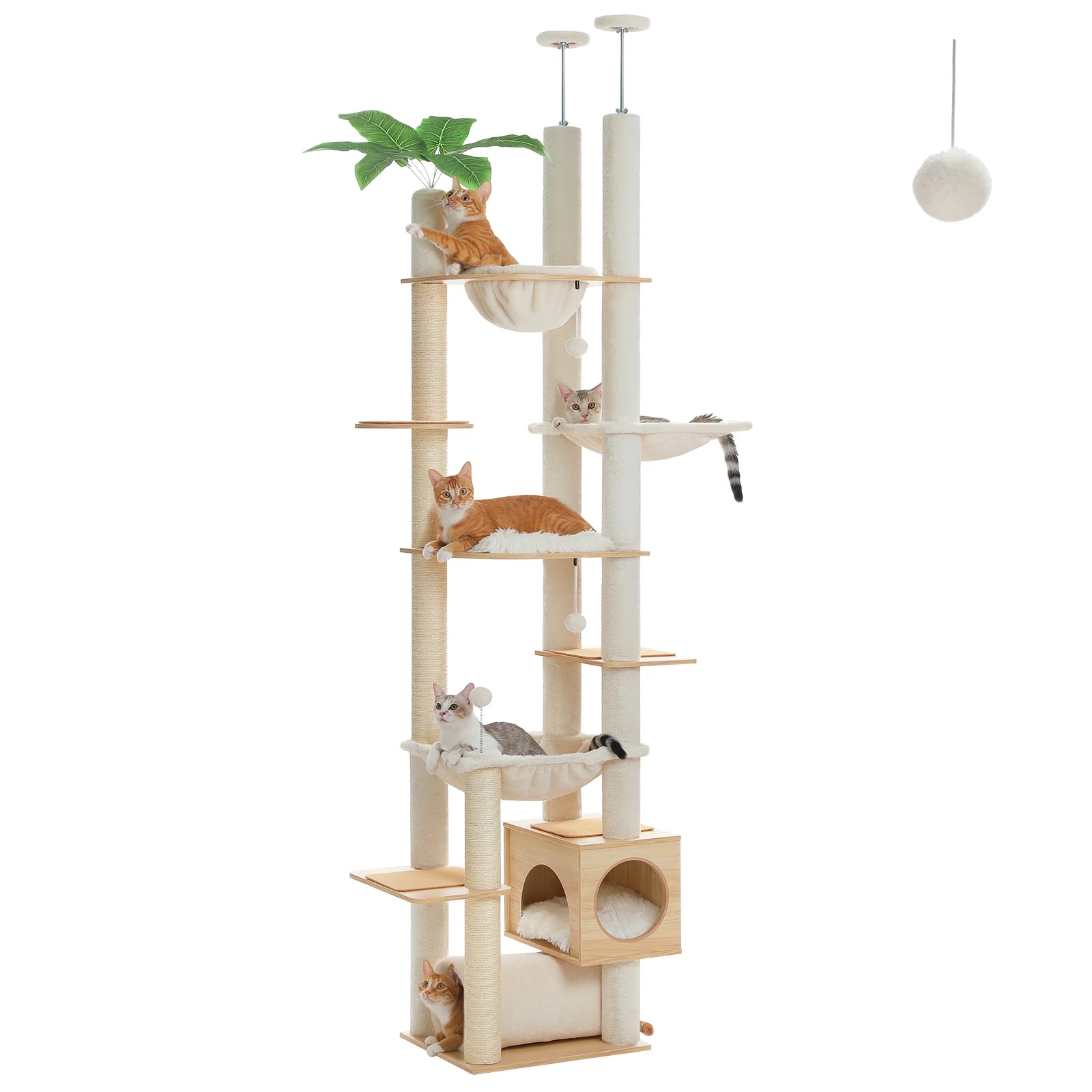 Verstelbare Houten Krabpaal tot Plafond met Hangmat en Kattenhuis – Grote Kattenboom met Sisal Krabpalen en 7 Niveaus – Luxe Katten Klimtoren voor Binnen