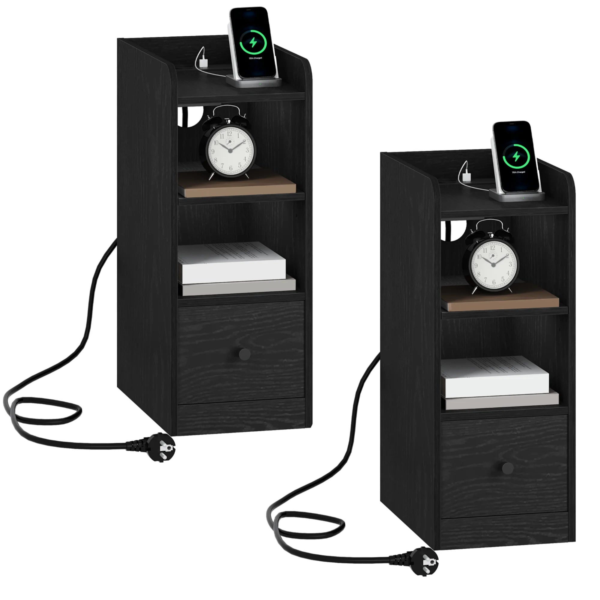 Nachtkastje Set van 2 met Oplaadstation – USB & USB-C – Modern Smal Bijzettafeltje met Lade en Opbergruimte – Zwart