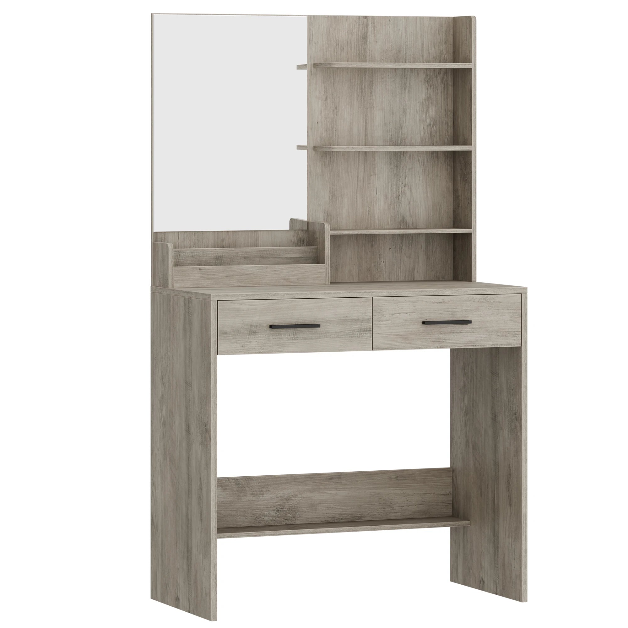 Kaptafel met Spiegel en Lades – Witte Make-up Tafel met Opbergruimte, 4 Open Planken & 2 Lades – Moderne Vanity Tafel Slaapkamer