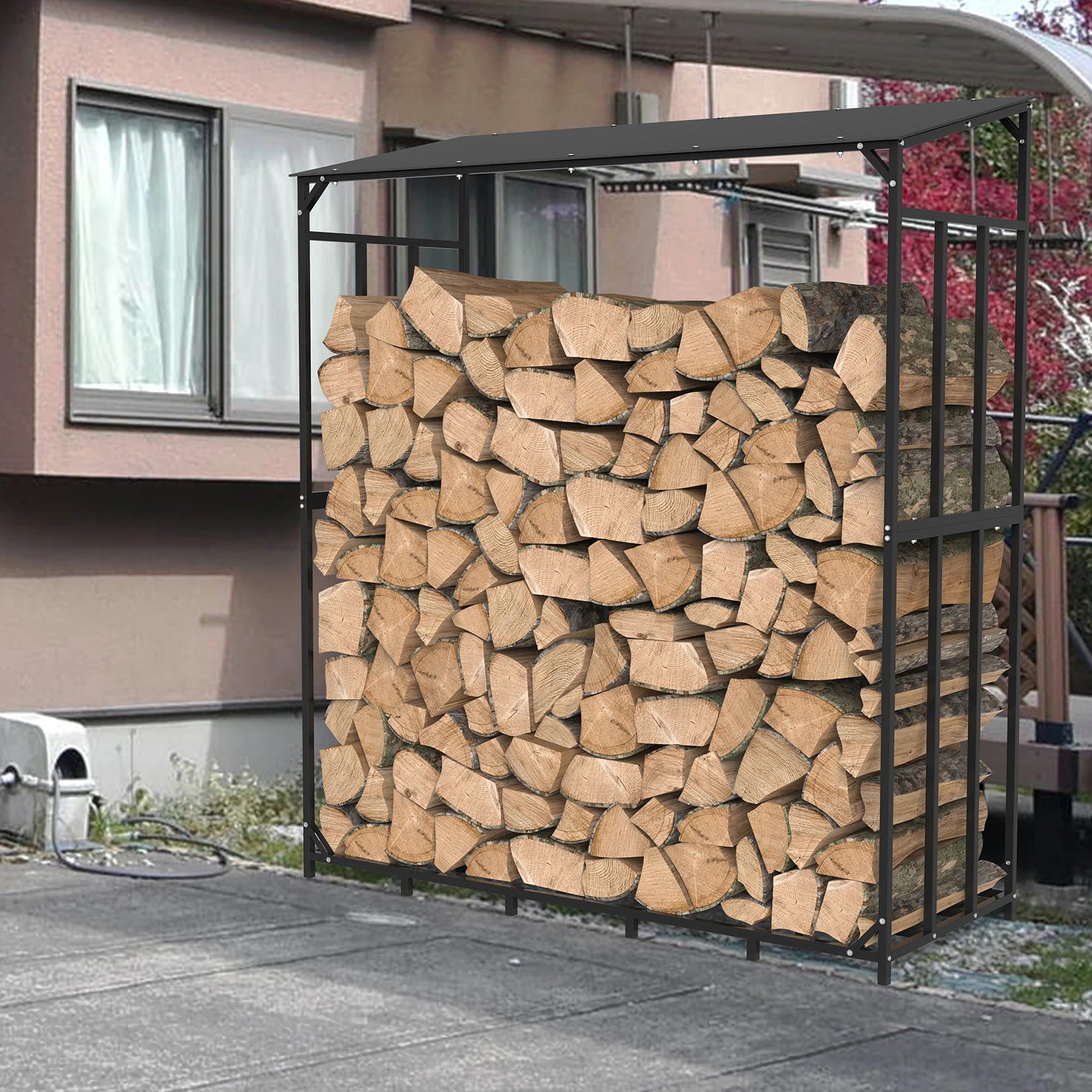XXL Metalen Haardhoutrek met Dak en Beschermhoes – Heavy Duty Houtopslag voor Buiten, Tuin en Terras