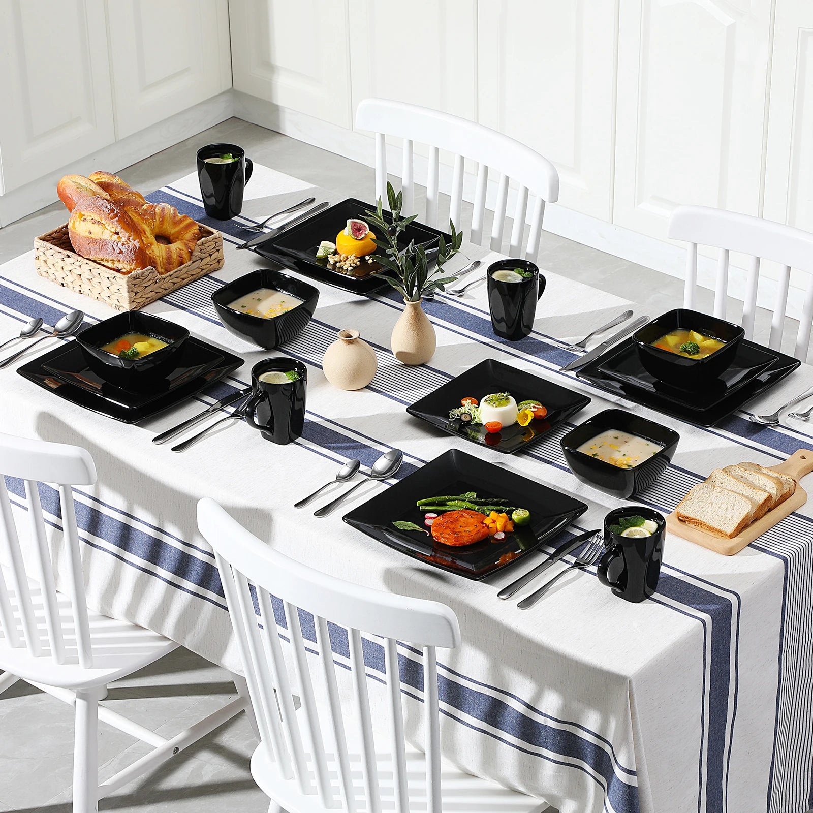 Zwart Serviesset Keramiek – 16, 32 of 48 Delige Moderne Vierkante Servies Set met Borden, Kommen en Mokken – Luxe Tafelservies