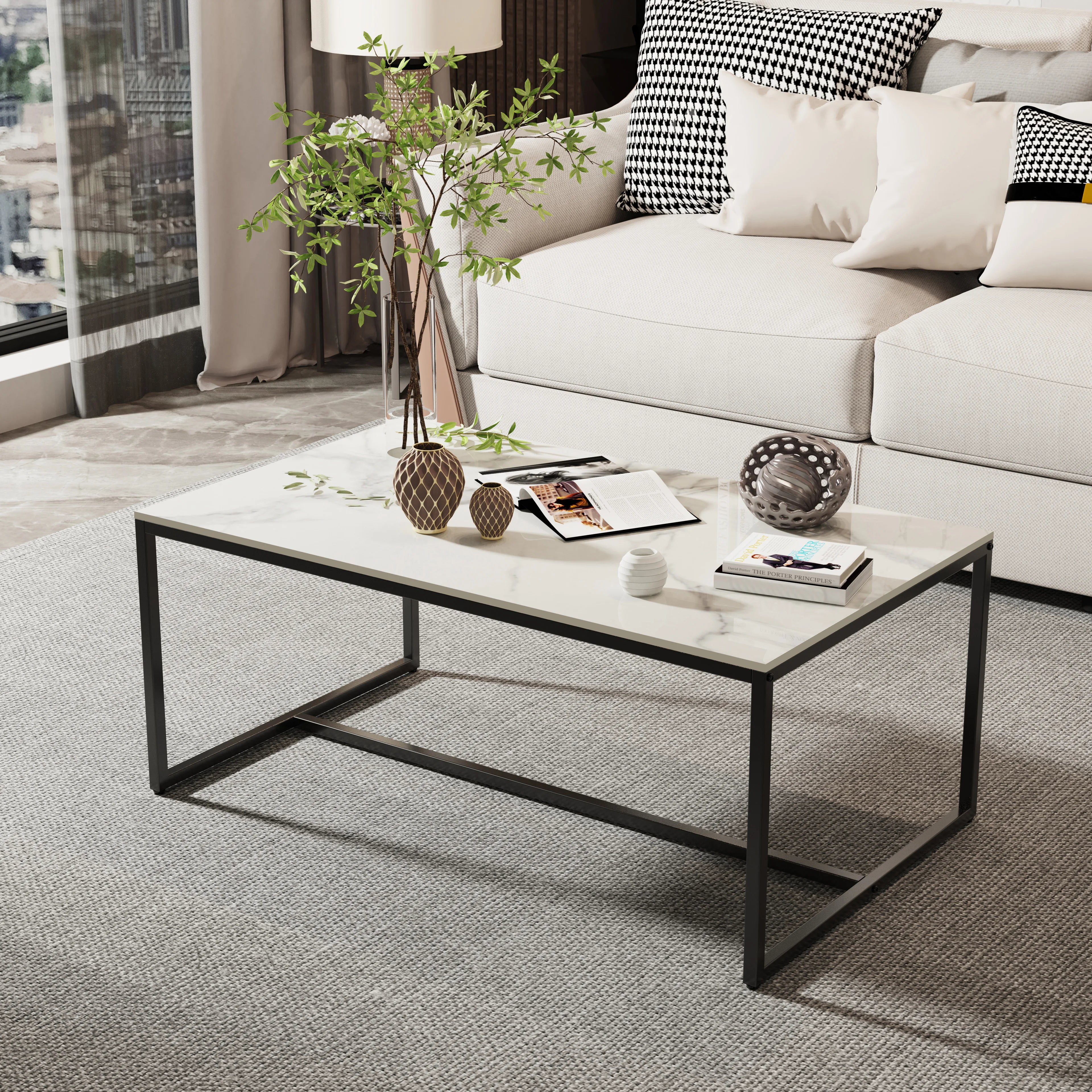 Salontafel van Gesinterd Steen – Moderne Rechthoekige Tafel met Zwart Metalen Frame – Grijs Tafelblad – Luxe & Duurzaam Design