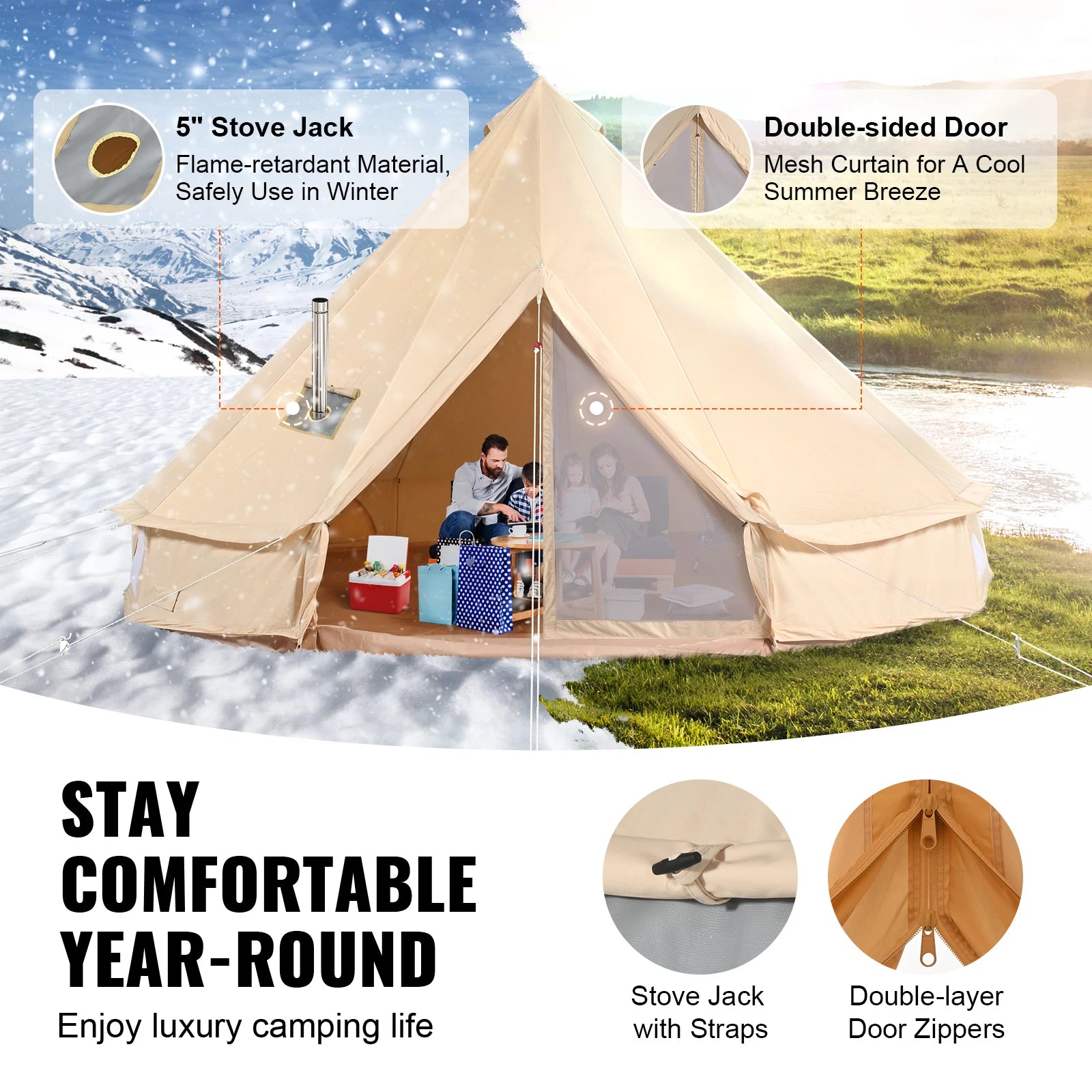Canvas Bell Tent 5m – 4 Seizoenen Yurt Tent voor 8 Personen met Kachelaansluiting & Waterdicht Grondzeil