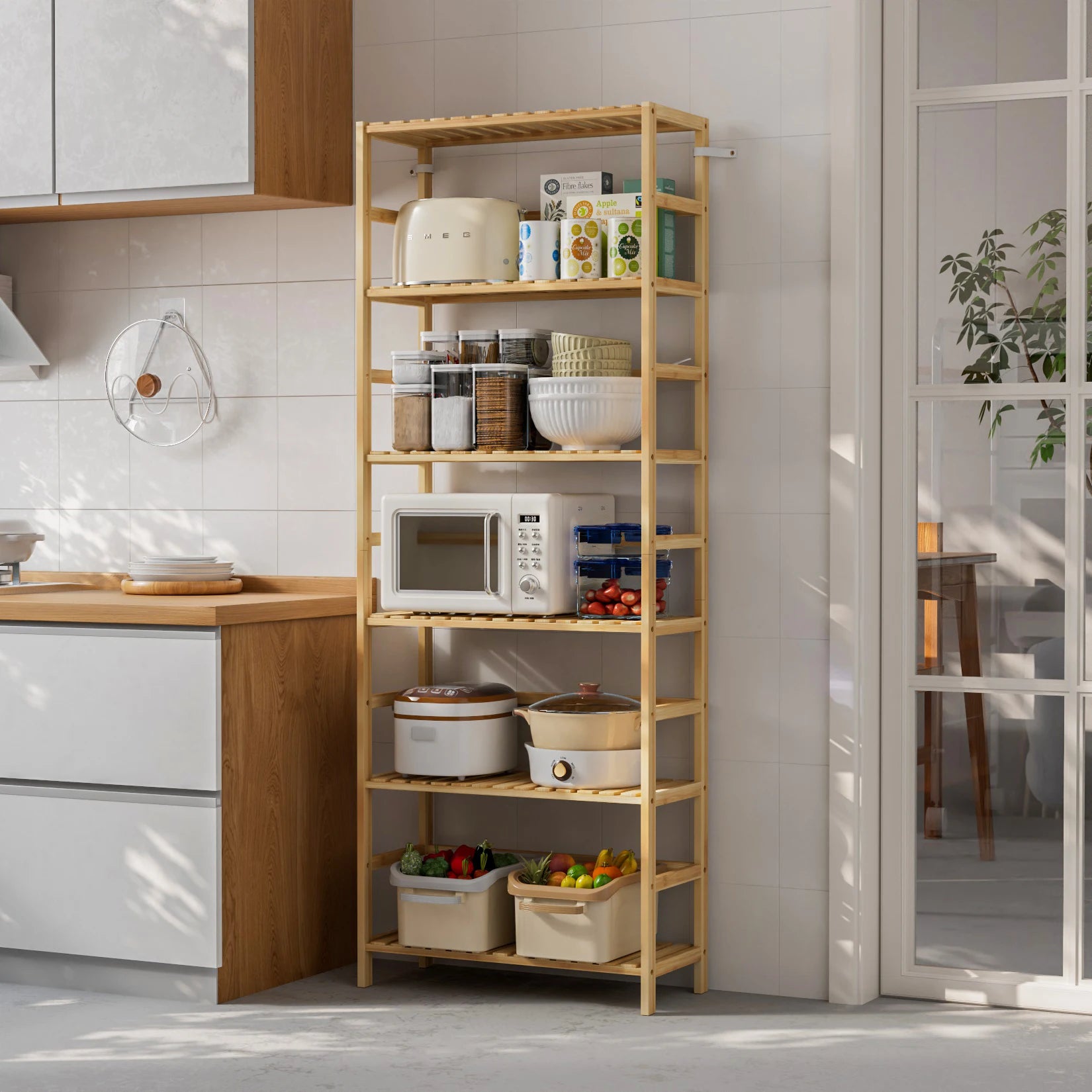 Vrijstaande 6-Laags Bamboe Boekenkast – Multifunctionele Opslag voor Badkamer, Keuken en Woonkamer