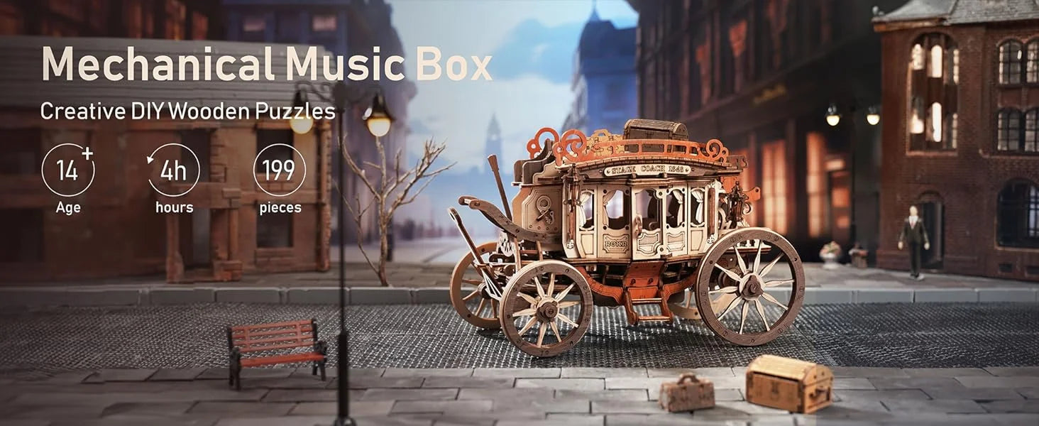 3D Houten Puzzel Muziekdoos – Stagecoach Model voor Volwassenen – Creatieve STEM Hobby Kit