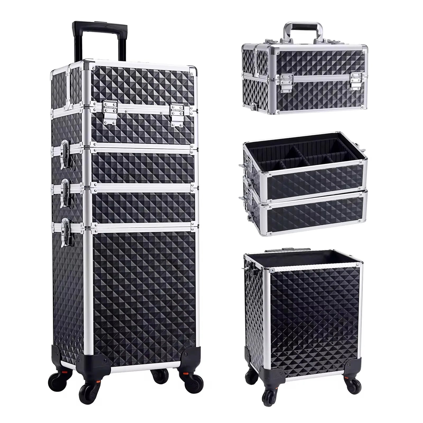 Professionele Make-up Trolley Koffer 4-in-1 – Aluminium Opbergkoffer met Wieltjes en Afneembare Compartimenten – Voor Cosmetica, Nageltools en Reis