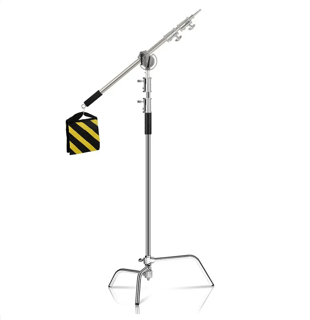 Opvouwbaar RVS Lichtstatief 2,6M – Professioneel Driepoot C-Stand Statief met Dwarsbalk en Klemmen voor Fotografie en Studioverlichting