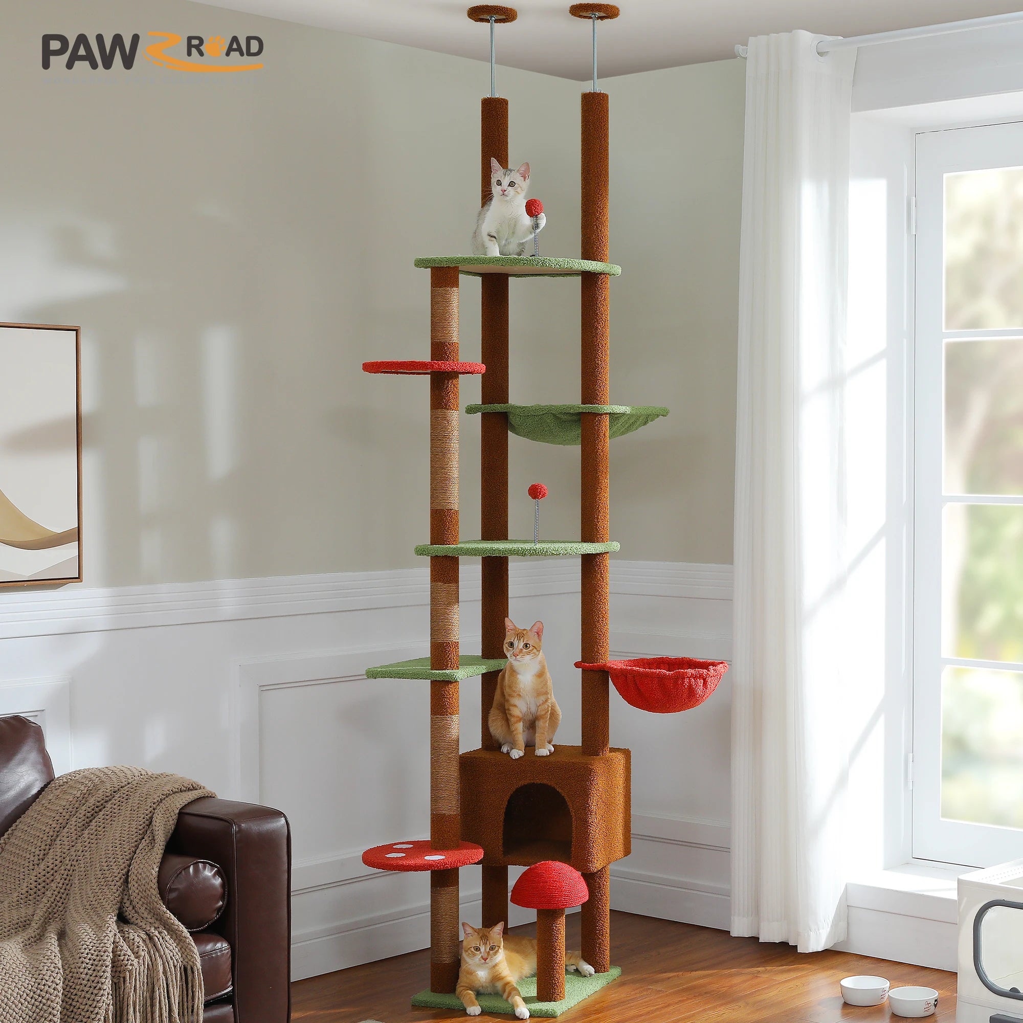 Verstelbare Houten Krabpaal tot Plafond met Hangmat en Kattenhuis – Grote Kattenboom met Sisal Krabpalen en 7 Niveaus – Luxe Katten Klimtoren voor Binnen