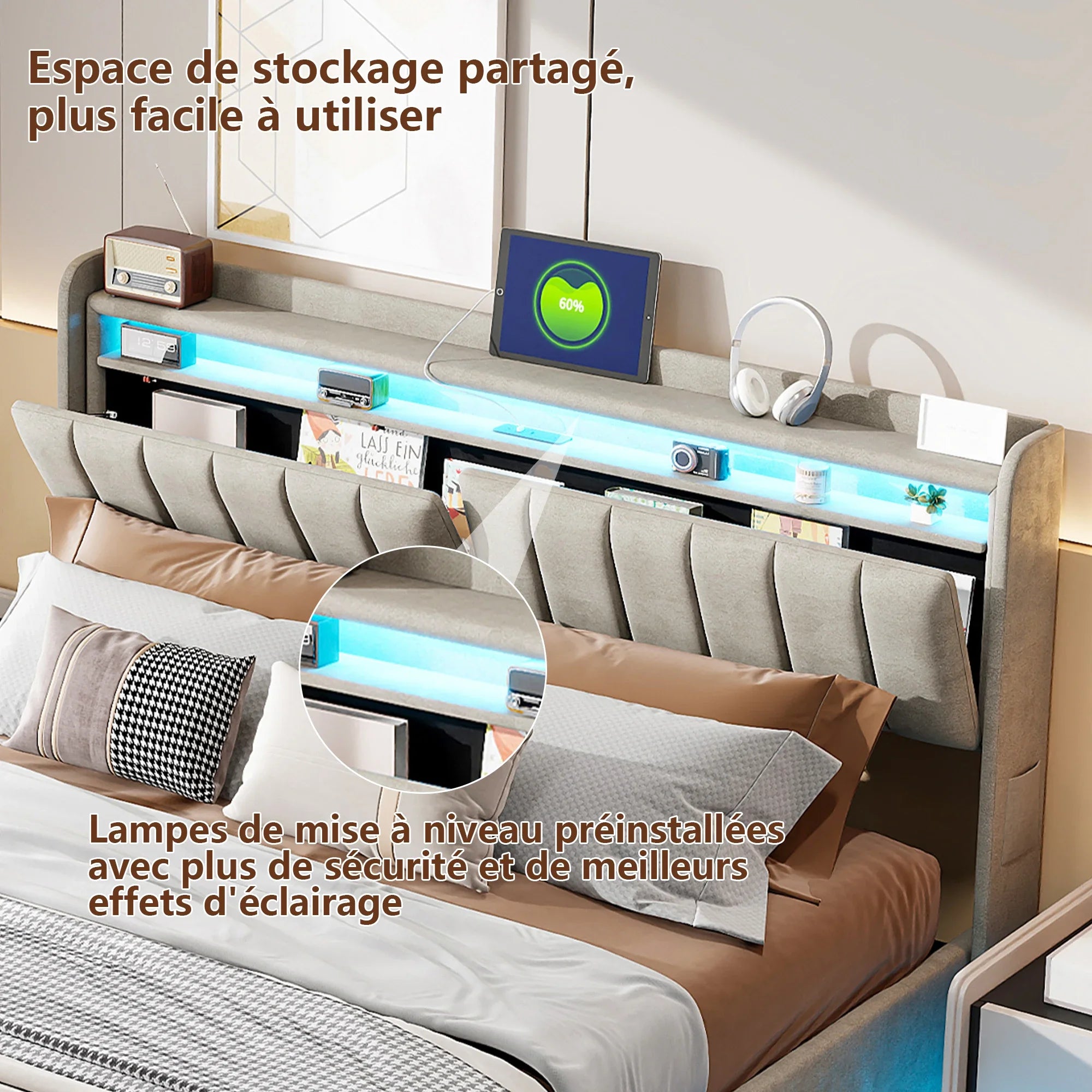 Tweepersoonsbed met geïntegreerde LED‑verlichting, USB‑oplaadfuncties en opbergruimte – Modern en functioneel bedframe