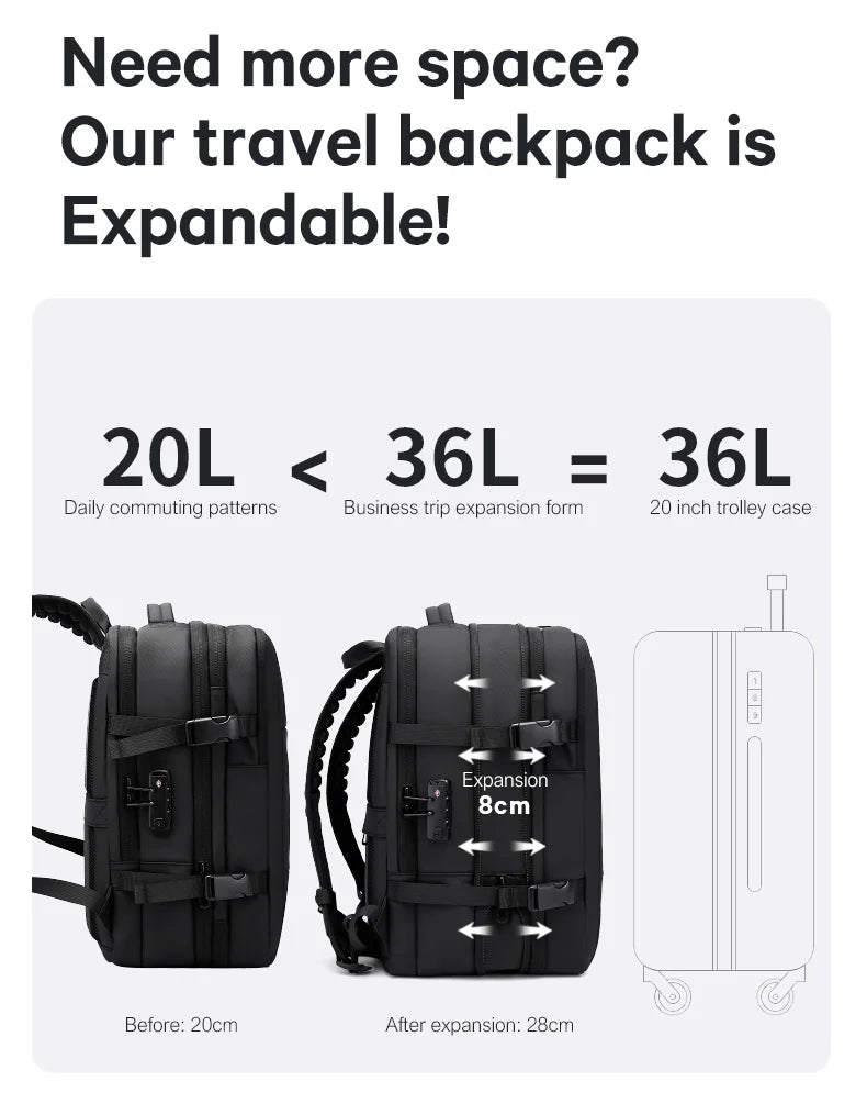 Uitbreidbare Waterdichte Reistas Rugzak – 17" Laptop Rugzak – Grote School‑ & Zaken Backpack – Reis & Hiking Unisex