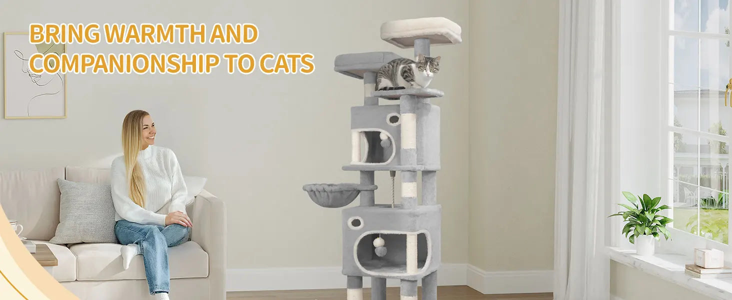 Kattenkrabpaal 159 cm met Meerdere Niveaus – Grote Kattenboom met 2 Huisjes, Platforms, Mand & Sisal Krabpalen voor Binnenkatten