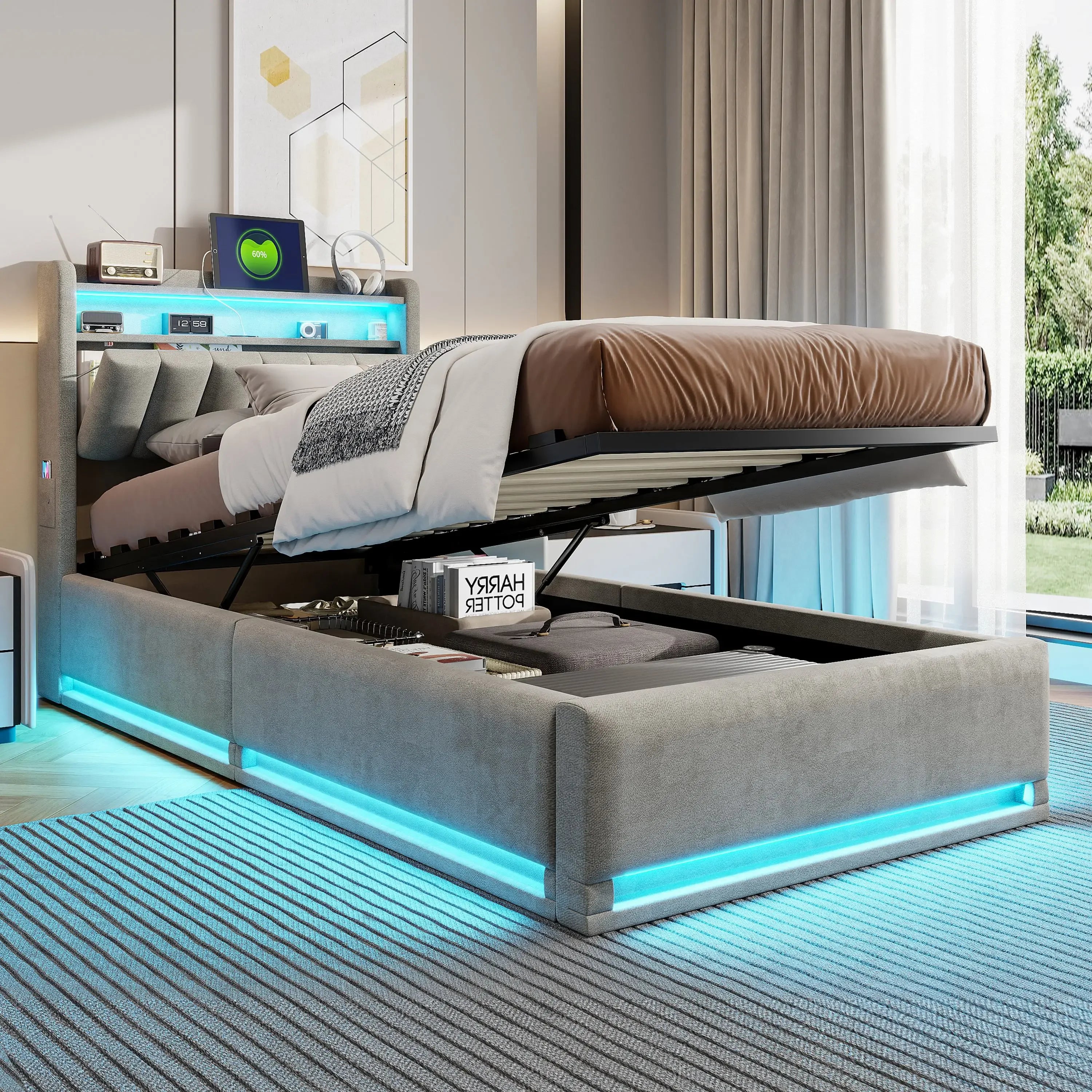 Tweepersoonsbed met geïntegreerde LED‑verlichting, USB‑oplaadfuncties en opbergruimte – Modern en functioneel bedframe