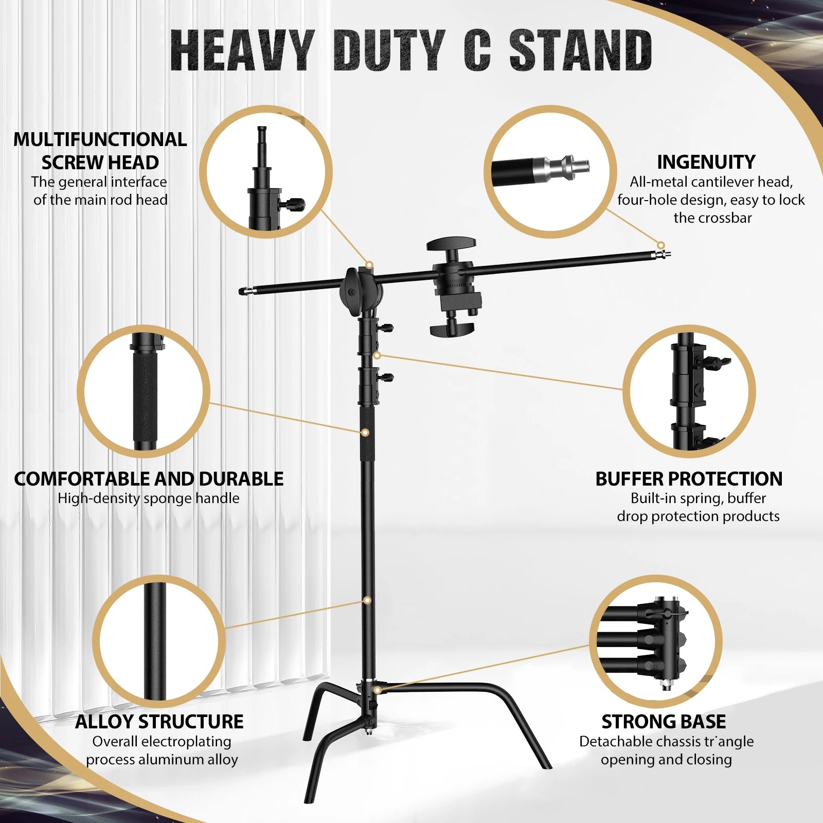 Heavy Duty C-Stand Lichtstatief 2,6M / 3,3M – RVS Fotografie Statief voor Studio, Camera, Softbox en LED Lamp