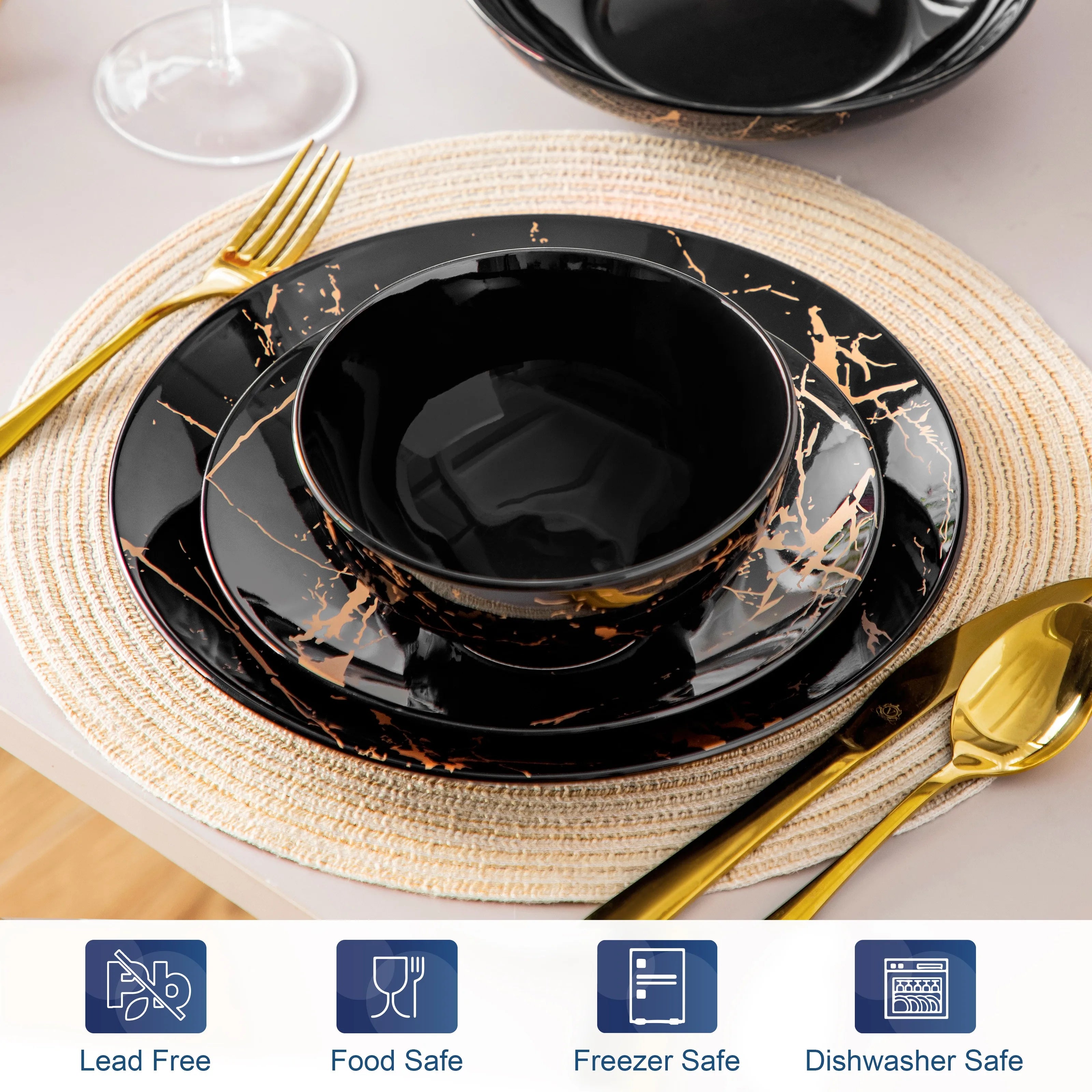 24-delige Goud Serviesset Porselein – Luxe Servies Set voor 6 Personen met Gouden Design Borden en Kommen