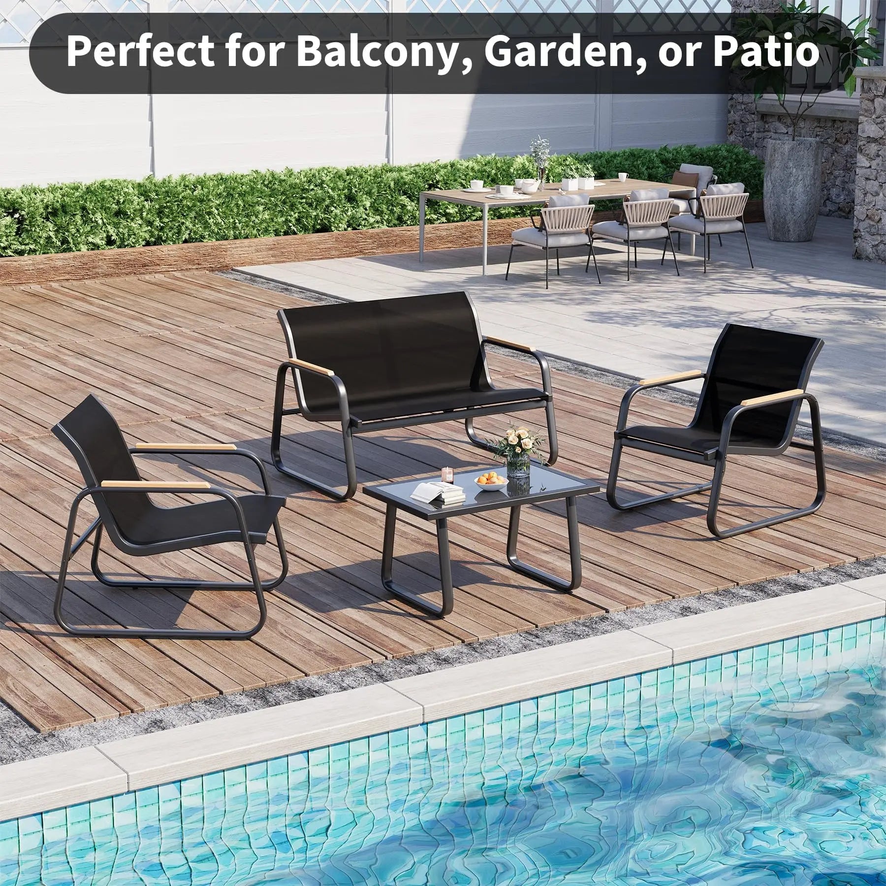 4-Delige Tuinmeubelset met 2-Zitsbank, 2 Stoelen & Glazen Salontafel – Weerbestendige Loungeset voor Tuin, Terras & Balkon