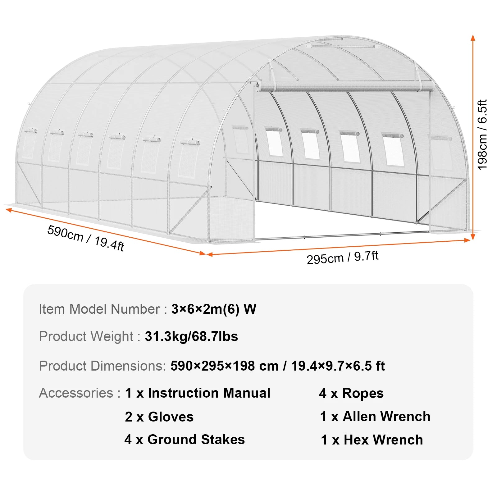 Wandelbare Tunnelkas met Stalen Frame 345×195×192 cm – Grote Inloop Tuinkas met PE Afdekking, Ritsdeur en Ventilatieramen