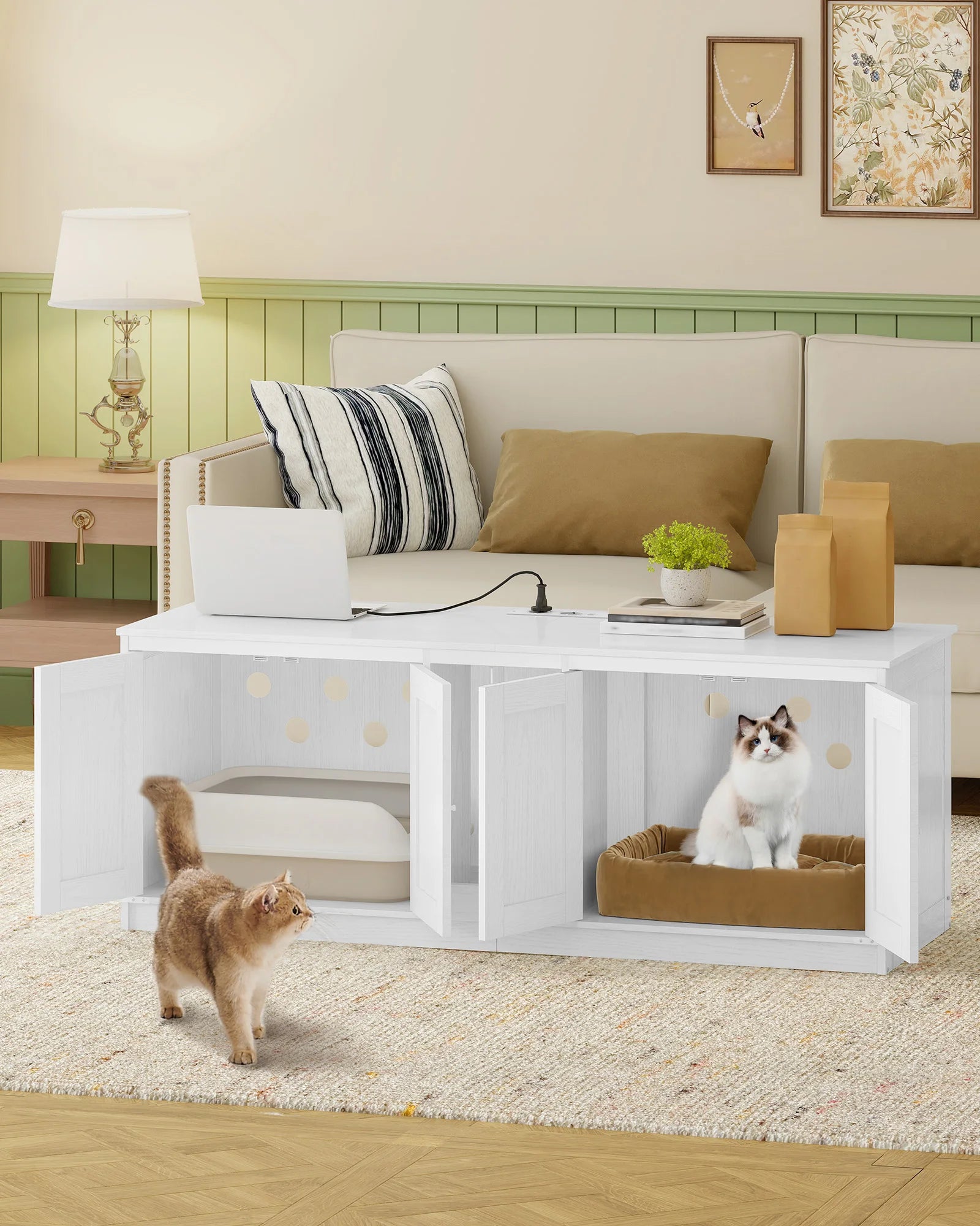 Kattenbak Meubel met Stopcontact en USB – Verborgen Kattenbak Kast voor 2 Katten – Kattenhuis Binnen met Deuren & Accessoires