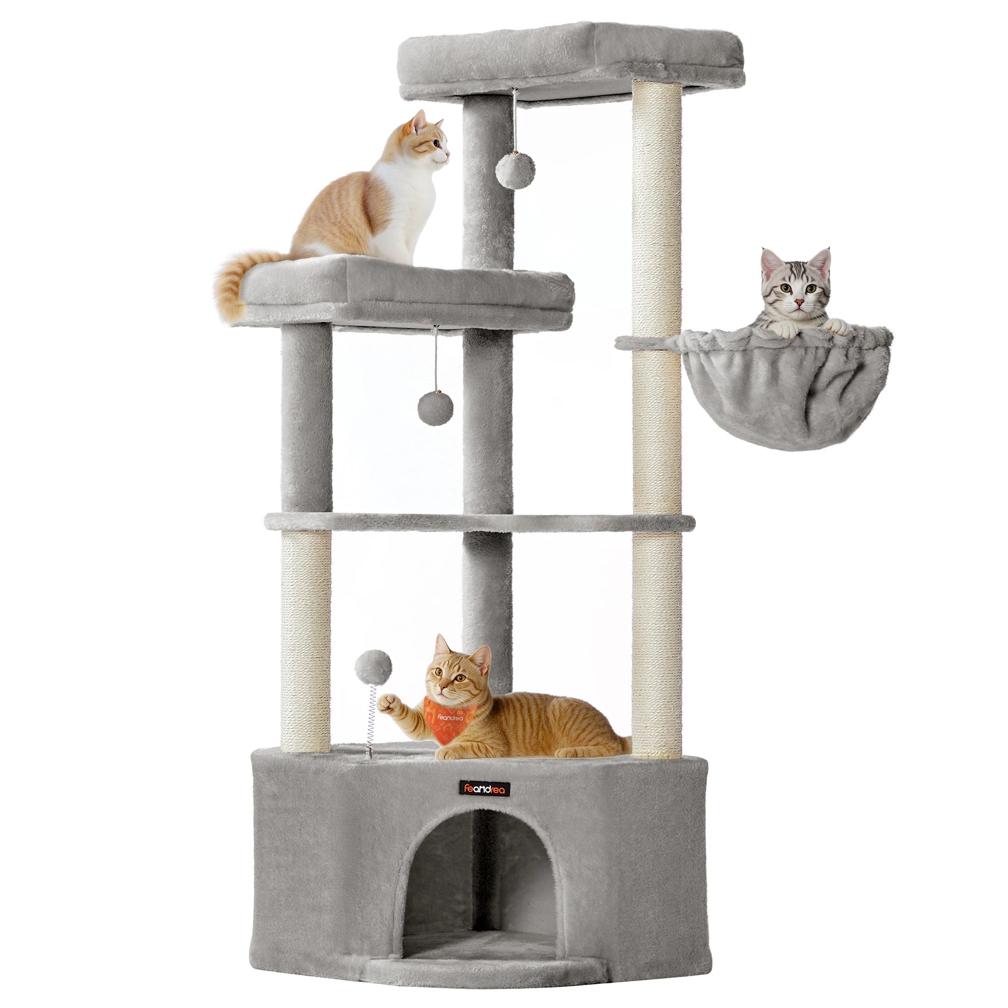 Krabpaal Hoekmodel 140 cm – Grote Kattenboom met Huisje, Mand & Platforms – Stabiele Krabtoren voor Grote Katten