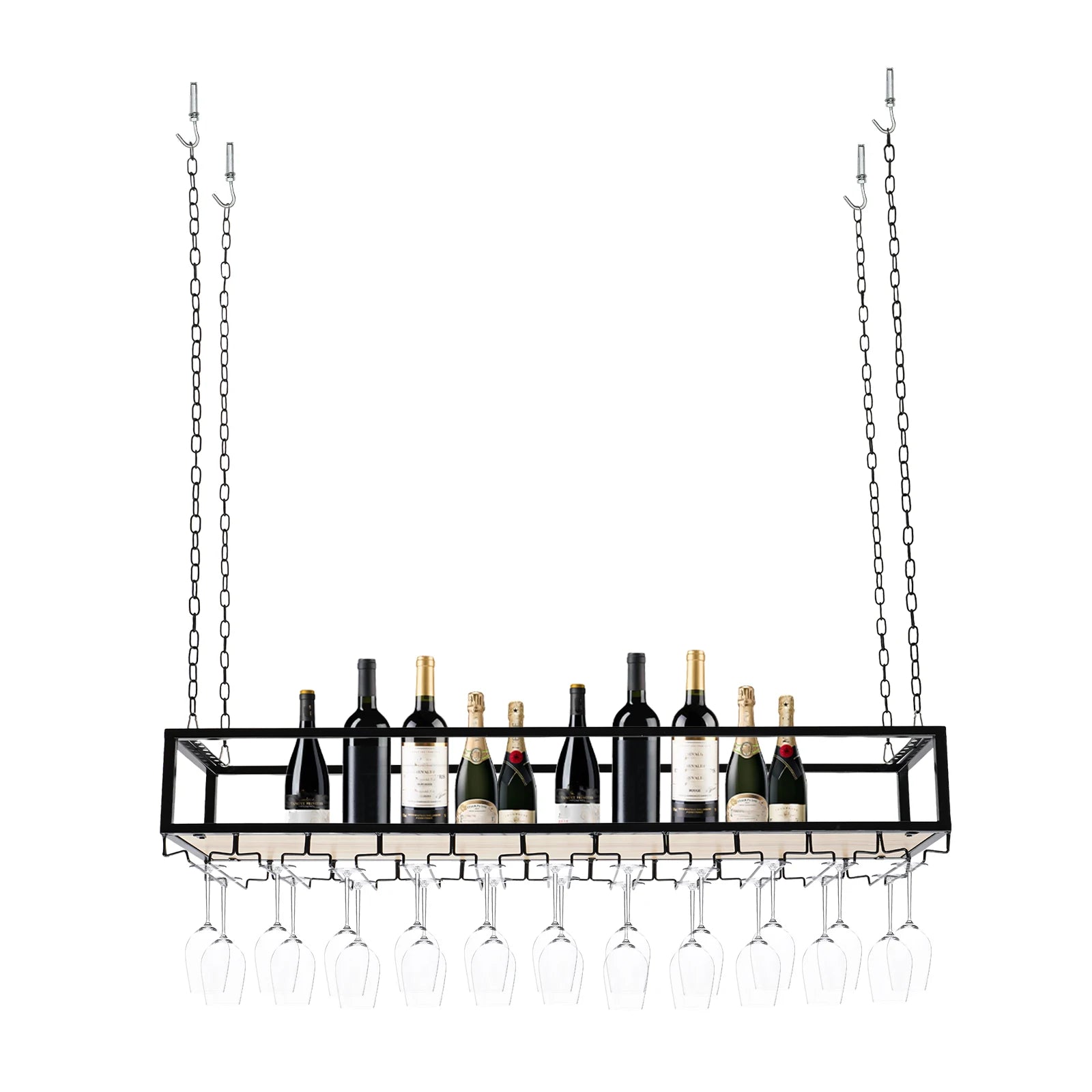 Hangend Wijnrek Industrieel met Glazenhouder – Vintage Plafond Wijnrek Metaal & Hout