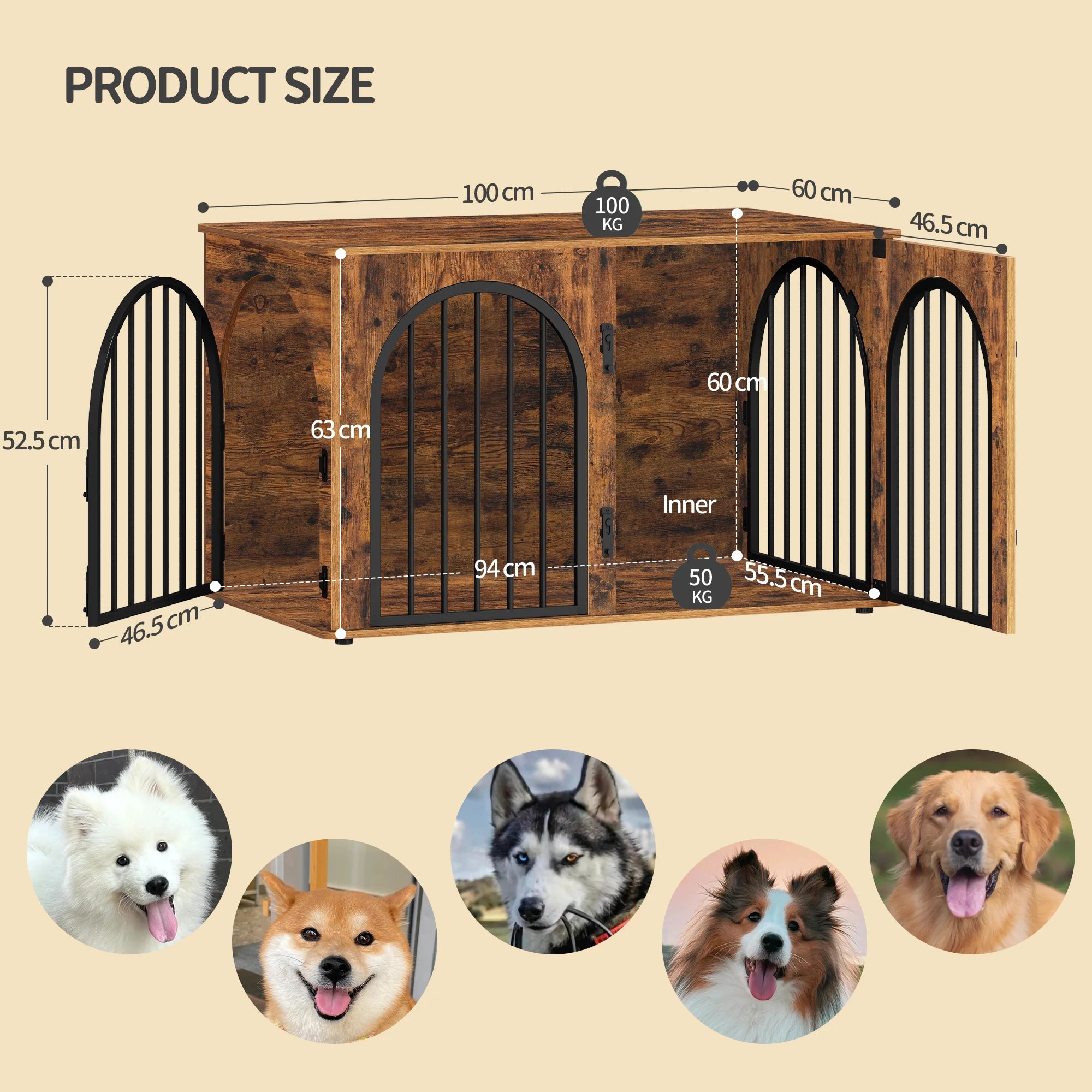 Houten Hondenbench Meubel 100 cm – Luxe Design Hondenkooi met 3 Deuren – Stevige Dog Crate voor Binnen – Bijzettafel & TV Meubel