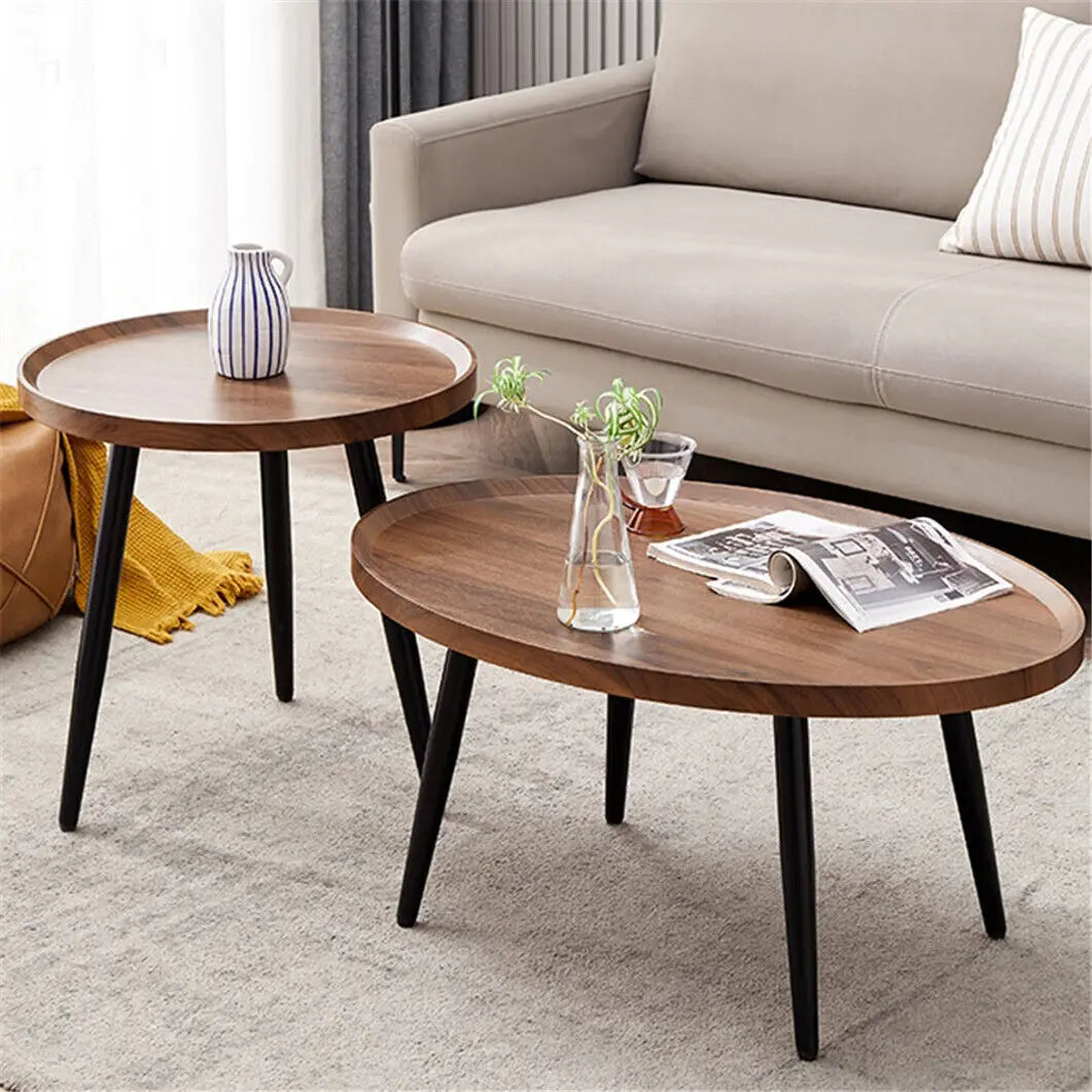 Moderne Set van 2 Ronde Salontafels – Nesting Bijzettafels met Houtlook Blad en Zwarte Metalen Poten – Industriële Salontafel Set