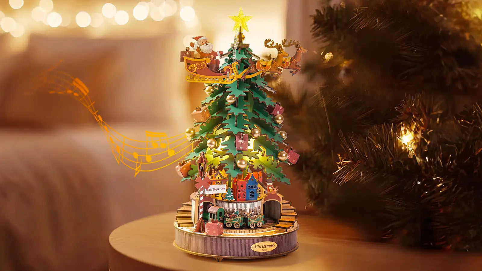 3D Houten Kerstboom Muziekdoos met Licht – DIY Kerstpuzzel met Kerstmelodieën – Decoratieve Kerst Muziekdoos voor Tafeldecoratie en Cadeau