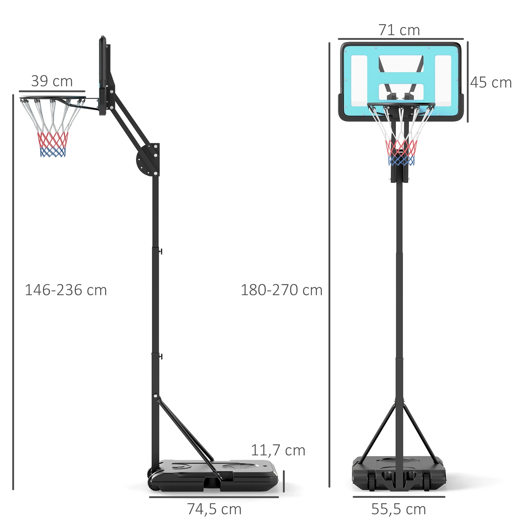 Verstelbare Outdoor Basketbalring 180-270 cm – Stevige Basketbalstandaard met Wieltjes voor Tuin en Sportveld