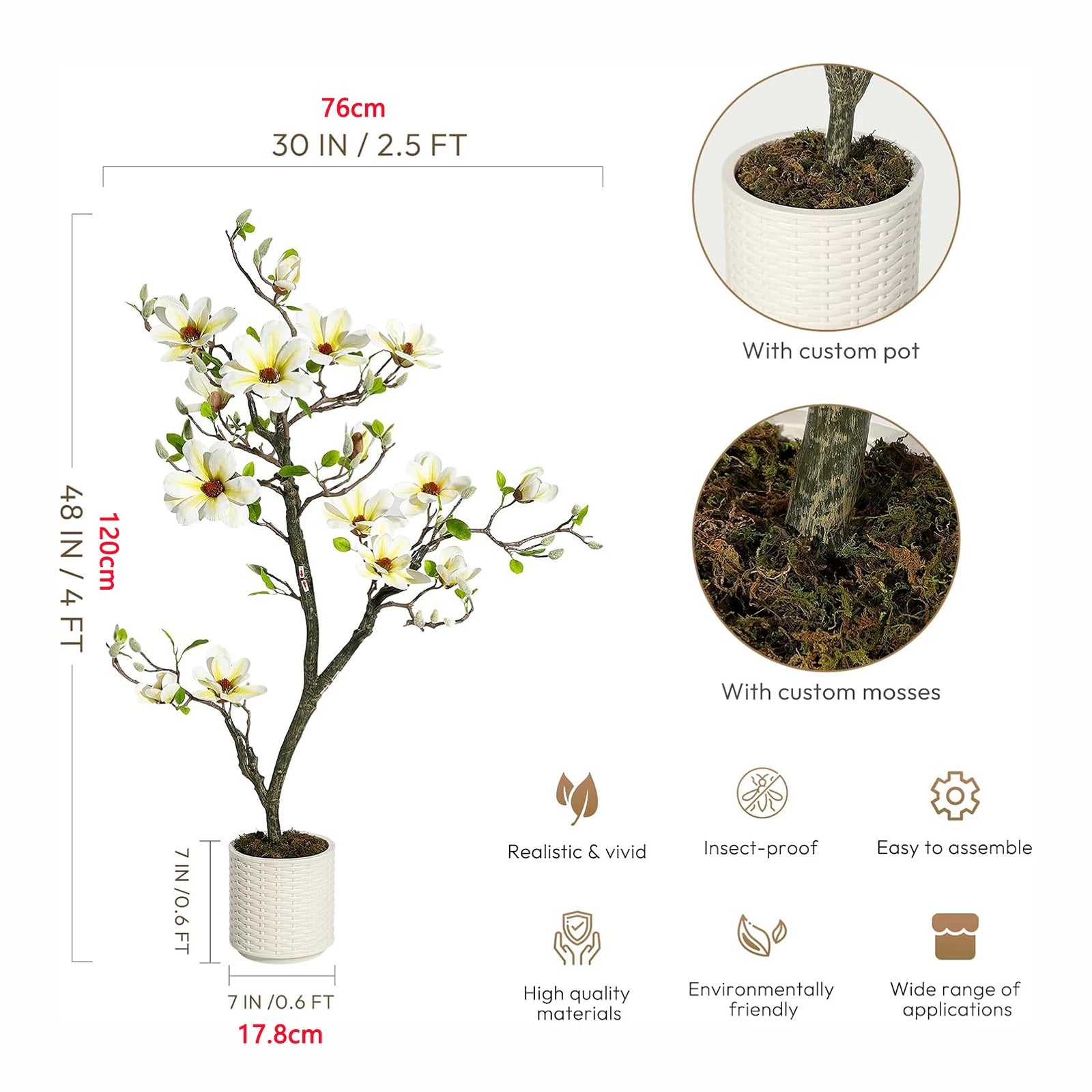 Kunstmatige Magnolia Plant 120–180 cm – Grote Nep Magnolia Boom voor Binnen & Buiten – Realistische Bloemen – Onderhoudsvrij – Luxe Woondecoratie