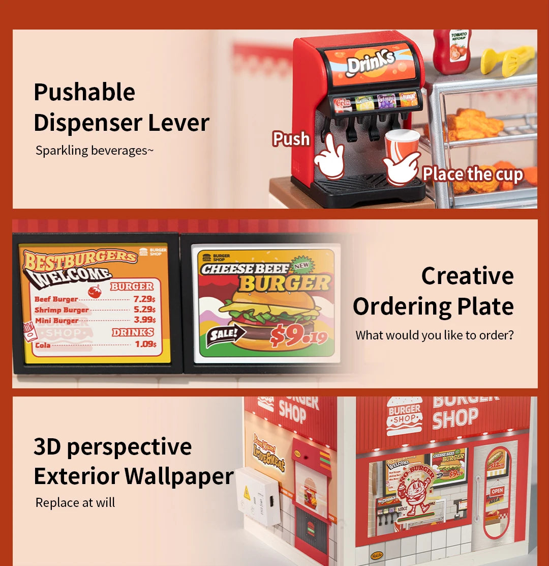 Miniatuur Poppenhuis Bouwset – Burgers Bar Thema – Creatieve DIY Bouwstenen voor Kinderen en Tieners