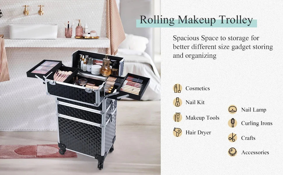 Rollende Make-up Koffer 3-in-1 – Professionele Cosmetica Trolley met Wieltjes, Slot en Afneembare Koffer – Beauty Organizer voor Salon en Reizen