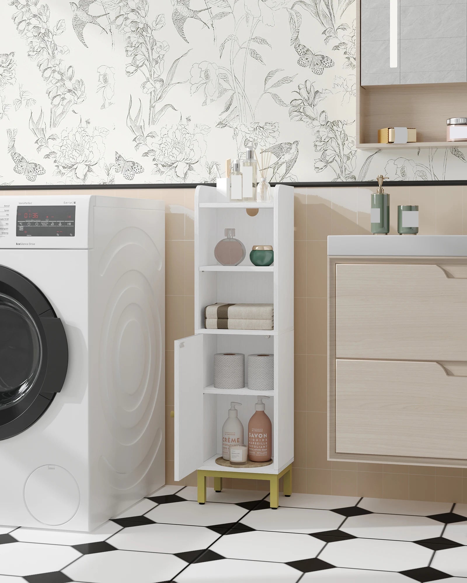 Smalle Badkamerkast met Deur en Verstelbare Planken – Ruimtebesparende Toiletkast – Moderne Badkamer Opbergkast Wit/Zwart