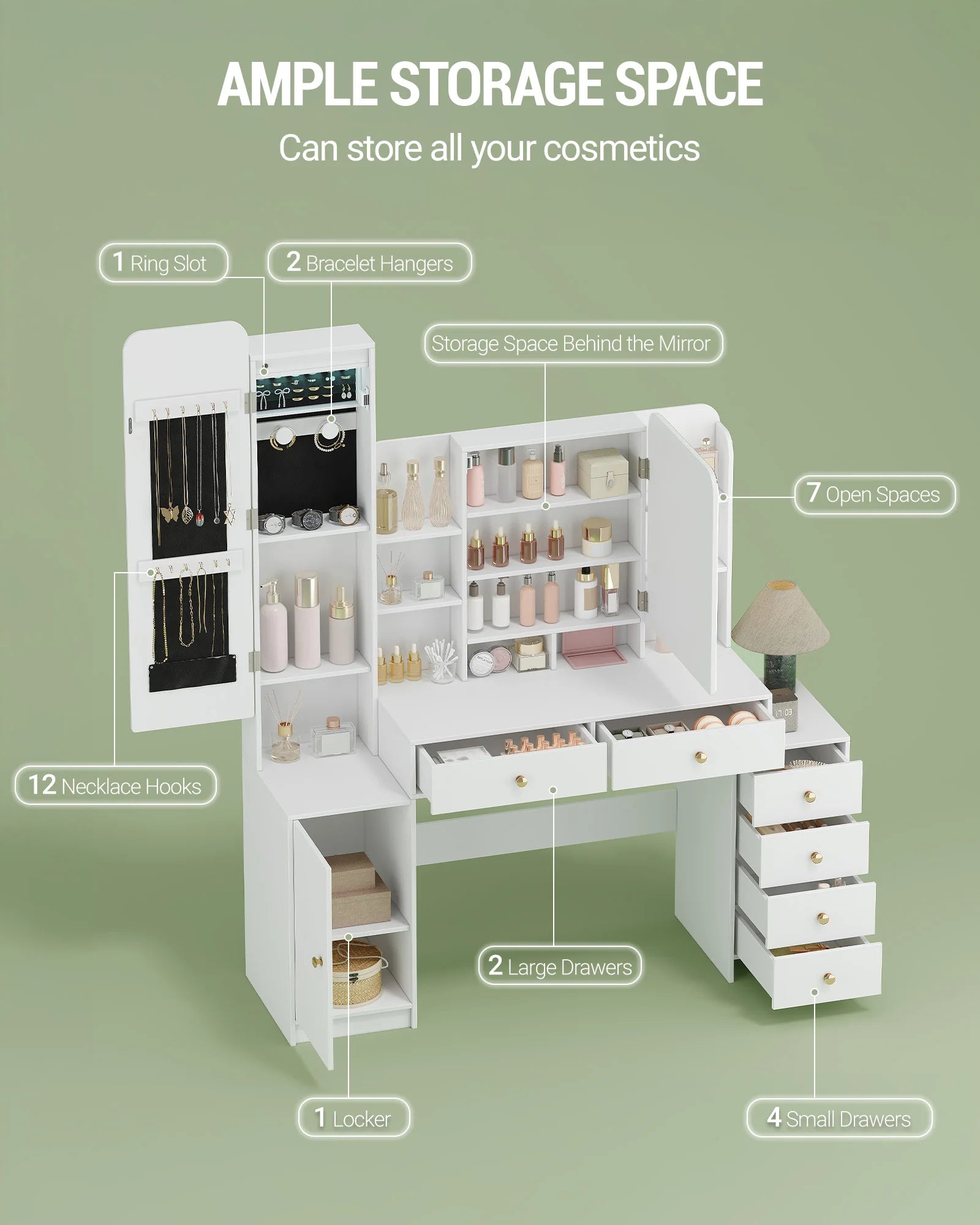 Moderne Make‑up Tafel met LED‑Verlichting, Spiegel & Veel Opbergruimte – 8 Open Vakken, 6 Laden, Sieradenvak – Witte Kaptafel voor Slaapkamer