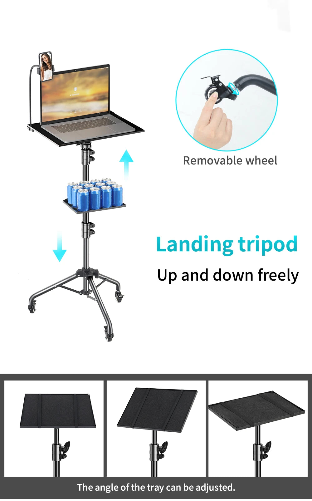 Verstelbaar Projector- en Laptopstatief 145 cm – Mobiel Statief met Wielen voor Camera, Laptop en Projector – Opvouwbaar en Draagbaar